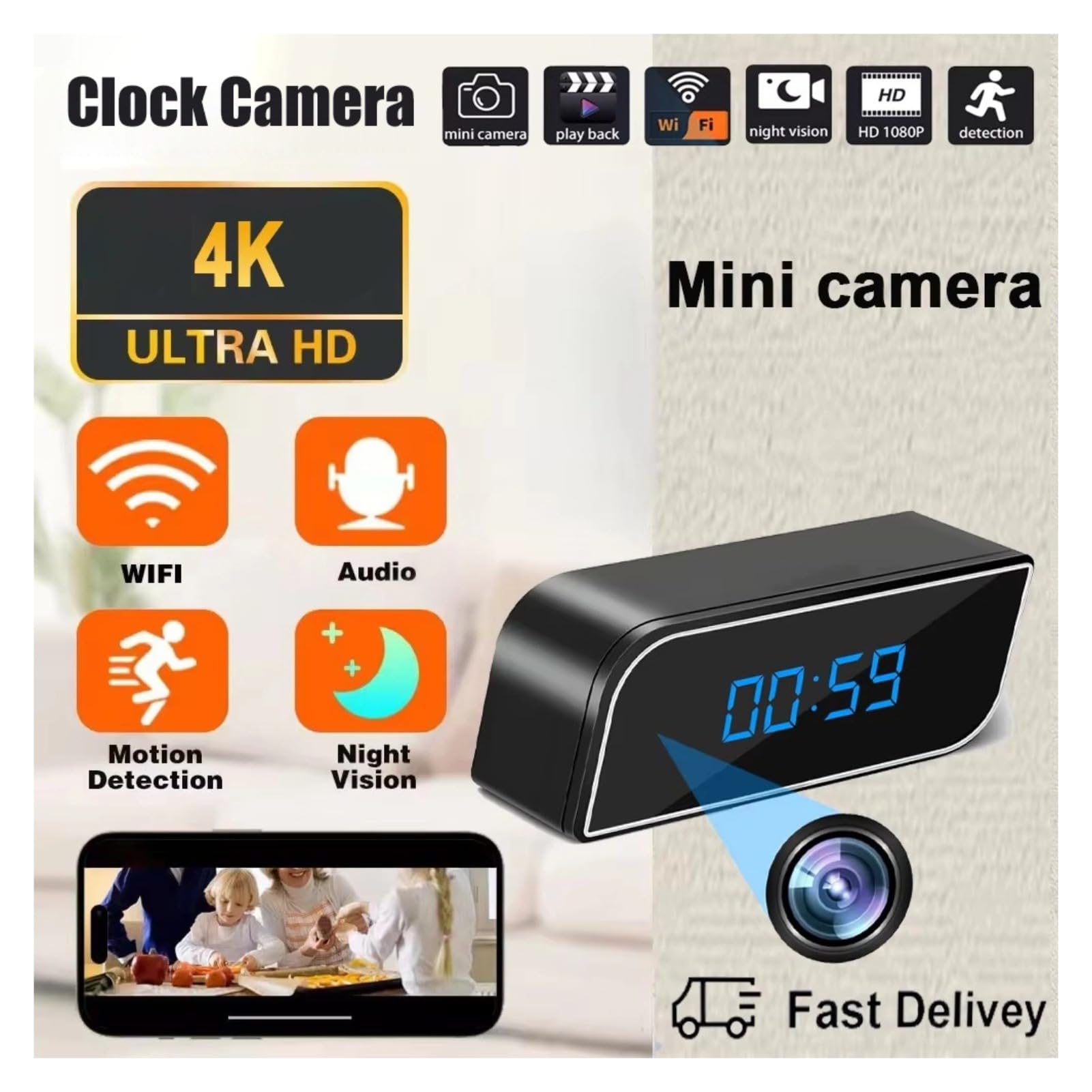 Caméra Horloge de sécurité 4K HD WiFi, Mini caméra Horloge avec détection de Mouvement, Vision Nocturne et contrôle Via Application pour la sécurité de Votre Domicile