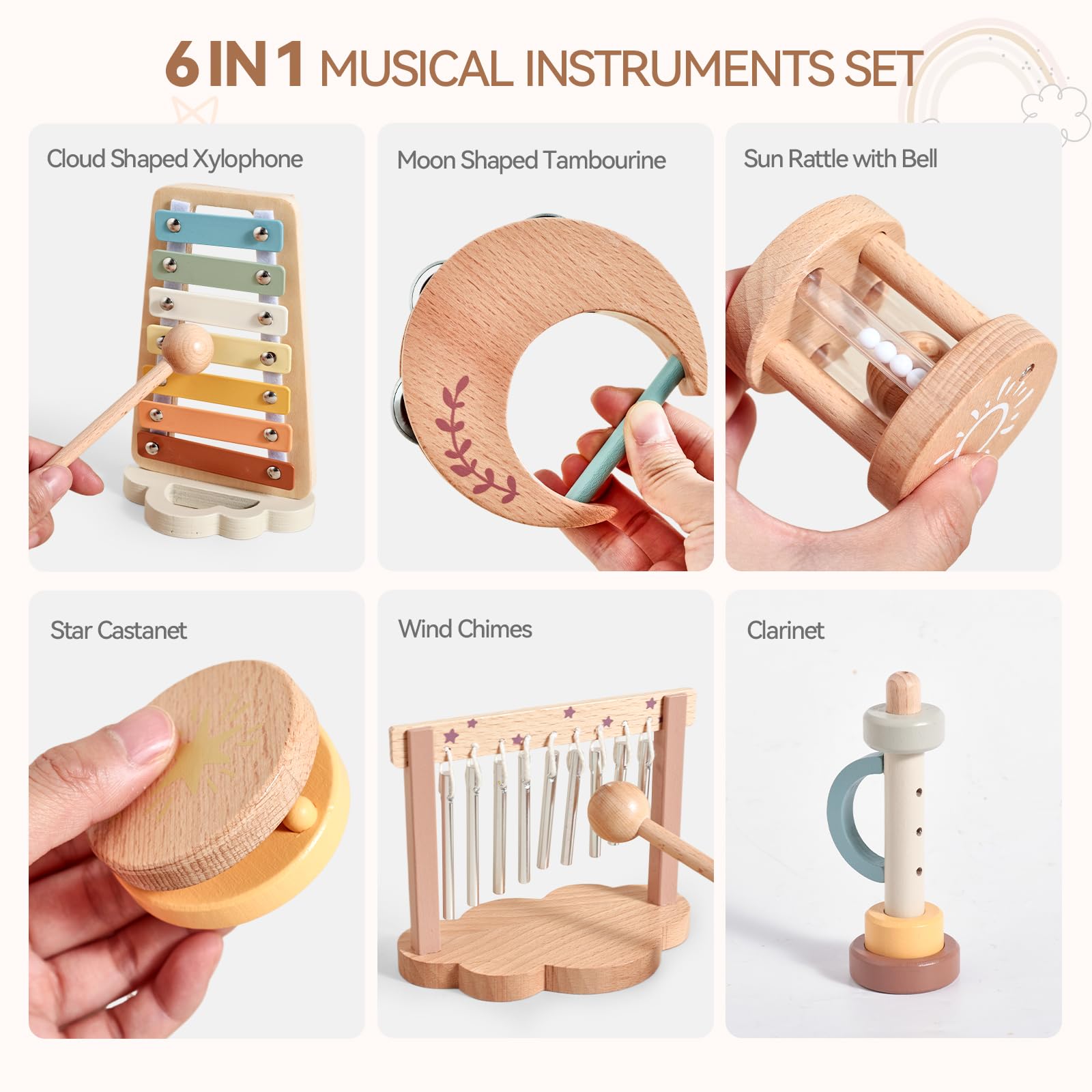 Baby Musical Instruments-Montessori Wooden Musical Toys for Toddlers | Modern Boho Kids Musical Instruments | Wooden Percussion Instruments Set Toys with Xylophone Birthday Gift