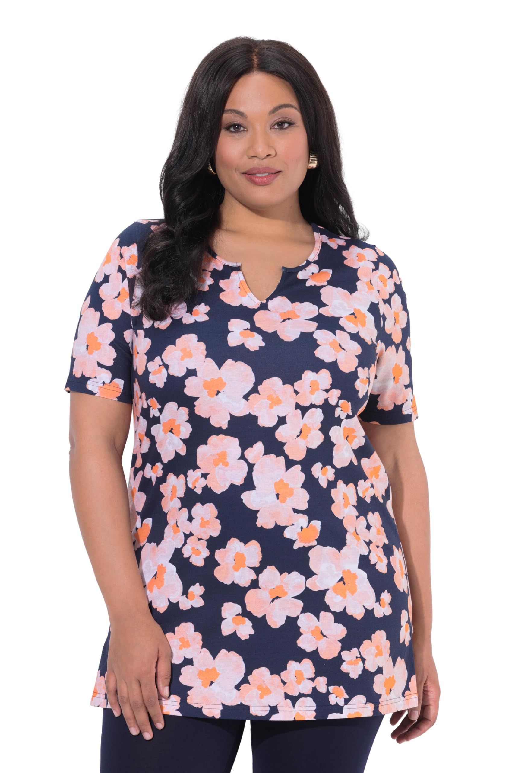 Ulla Popken Damen große Größen Übergrößen Plus Size Longshirt, Blüten, A-Linie, Tunika-Ausschnitt, Halbarm 847534
