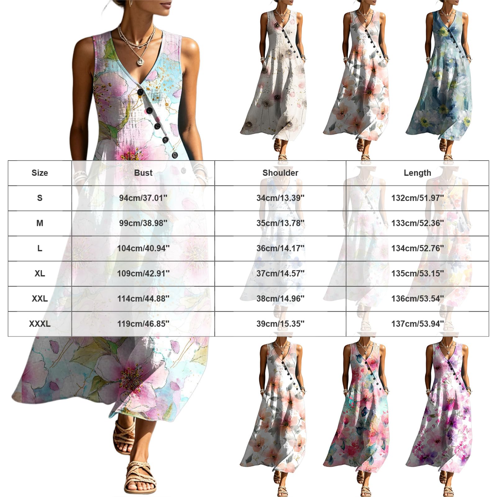 Abbigliamento Estivo Abito Estivo da Donna Senza Maniche con Fantasia Floreale, Bottoni Asimmetrici e Scollo a V. Vestito Mare Donna
