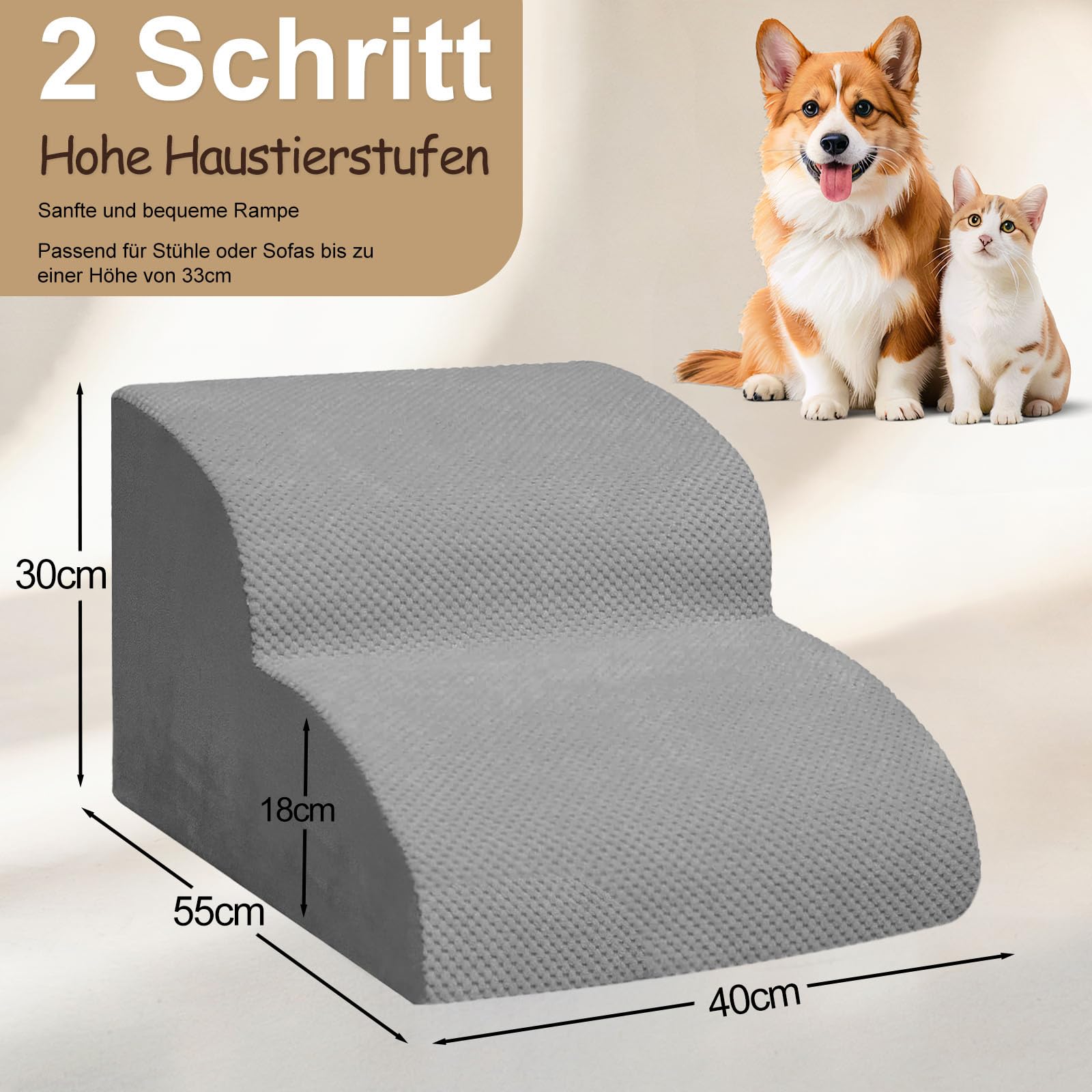 Niubya Hundetreppe für Kleine Hunde, H30 cm, für Katzentreppe Hundetreppe Bett und Sofa, ältere und verletzte Haustiere, mit waschbarem Bezug und hochdichtem Schaumstoff (Grau, 2 Stufen)