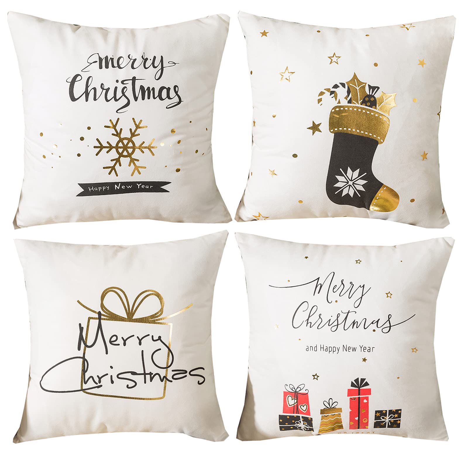 HOSTECCO Christmas Cushion Covers Pack of 4 Gold Pillow Cases Winter Decorative Throw Pillow Covers for Sofa Couch 45x45 cm