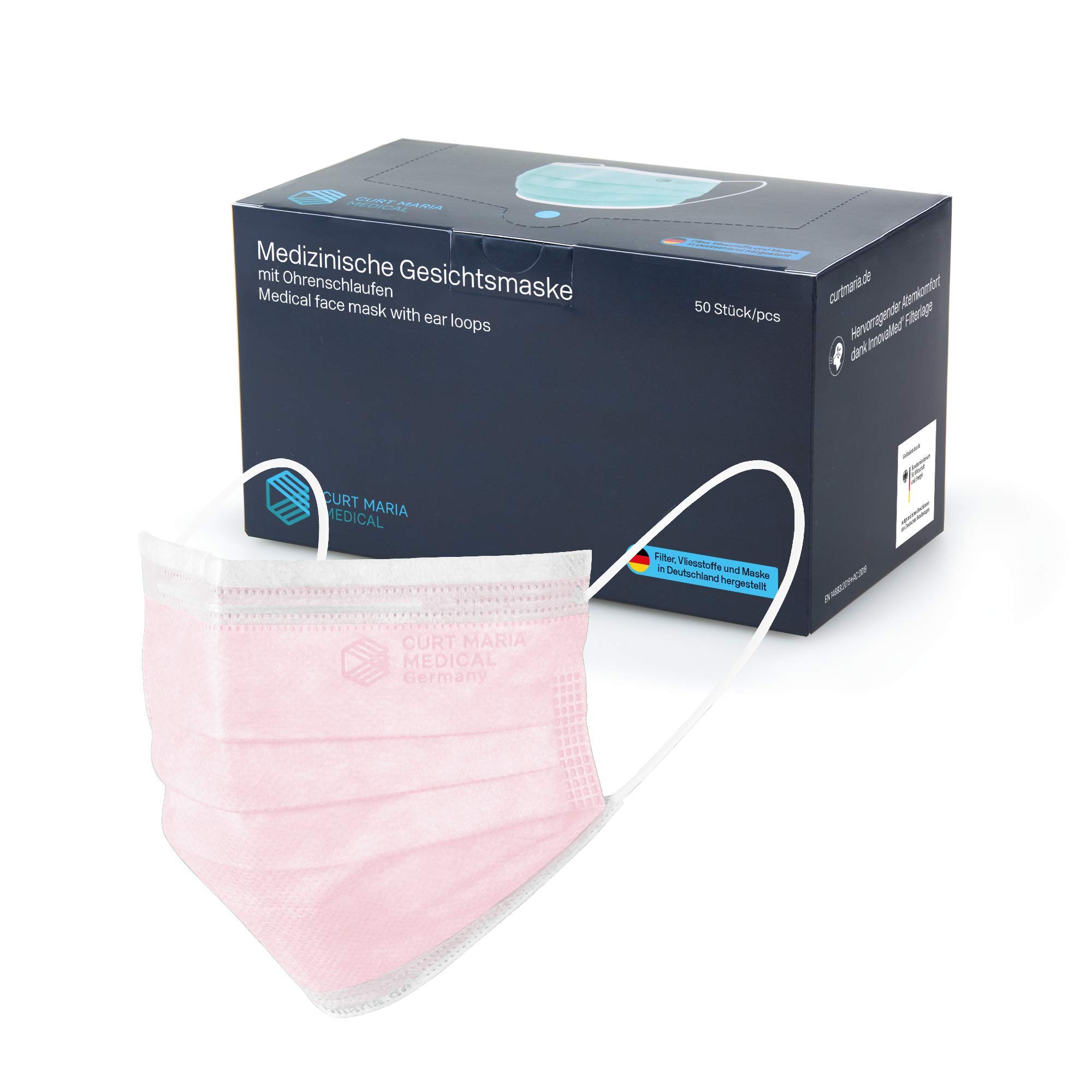 Curt Maria Medical 3-Ply Maschere Viso Mediche con Anelli per Orecchio Uso Singolo Rosa Confezione da 50