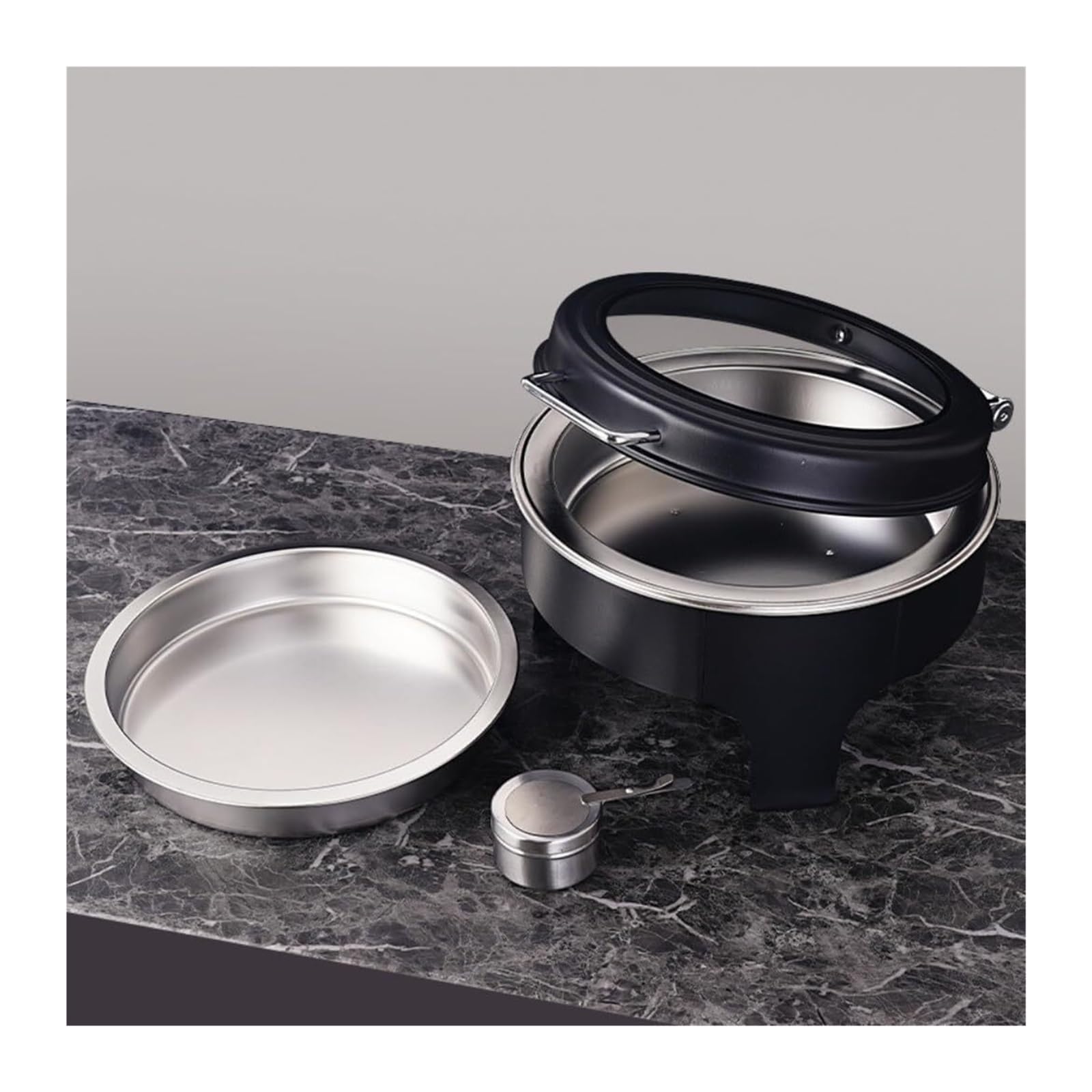 Scaldavivande neri rotondi in acciaio inossidabile Cucina a buffet | Buffet for Feste con Coperchio Idraulico Trasparente, Scalda Buffet