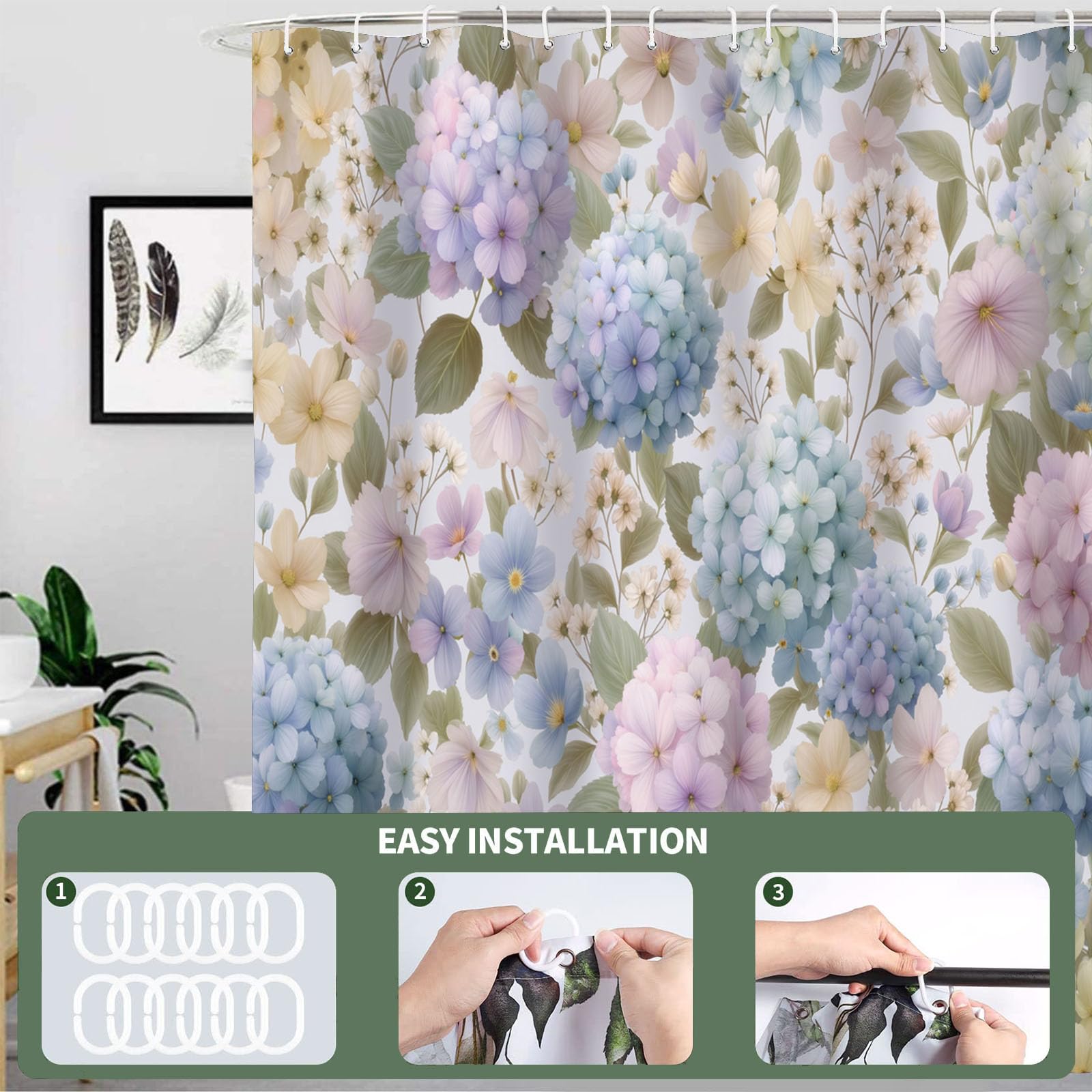 Hortensia Rideau de Bain Tissu Polyester Peinture à l'aquarelle Anti Moisissure Imperméable Lavable Rideaux Salle de Bain ，séchage Rapide 180 x 200 cm