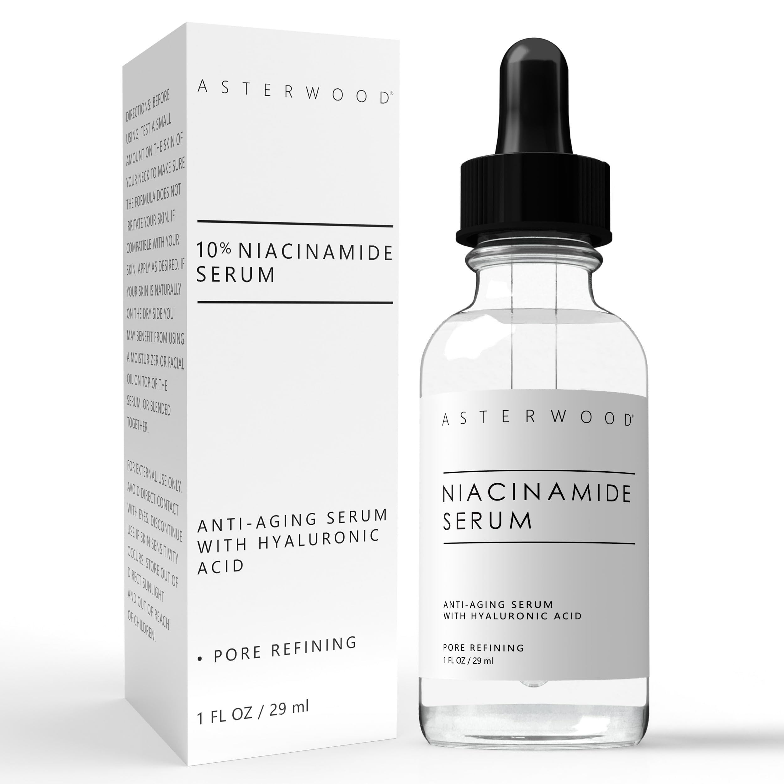 ASTERWOOD Niacinamide Serum for Face - Anti-Aging, Pore Minimizing, Hydrating - Vitamin B3 Facial Serum - with Hyaluronic Acid - Tone, Texture - 10% Niacinamide - 29 ml/1 oz