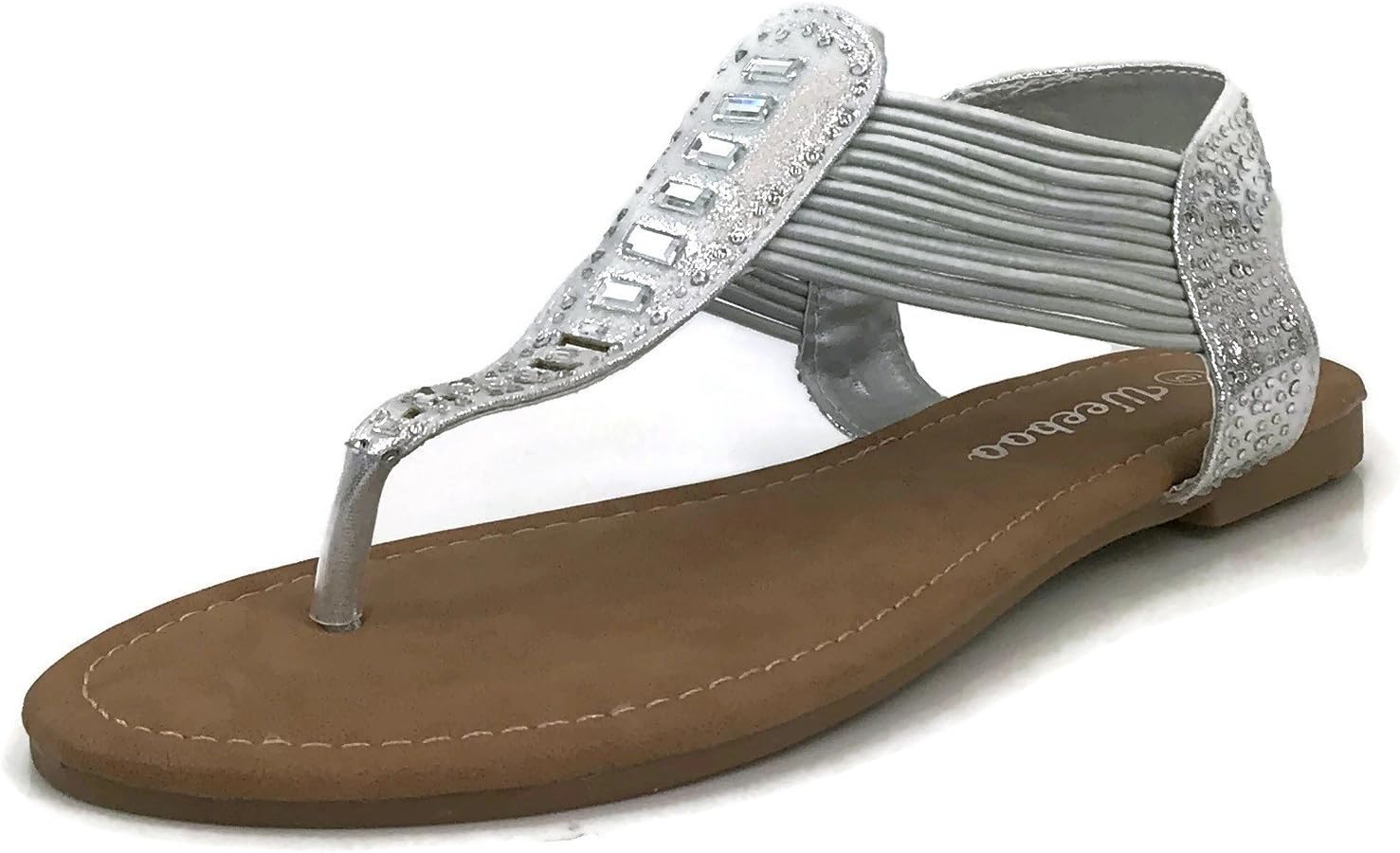 Womens Elastic Strappy T-Strap Thong Ankle Strap Summer Gladiator Rhinestone Sandals, Silver, 7.5