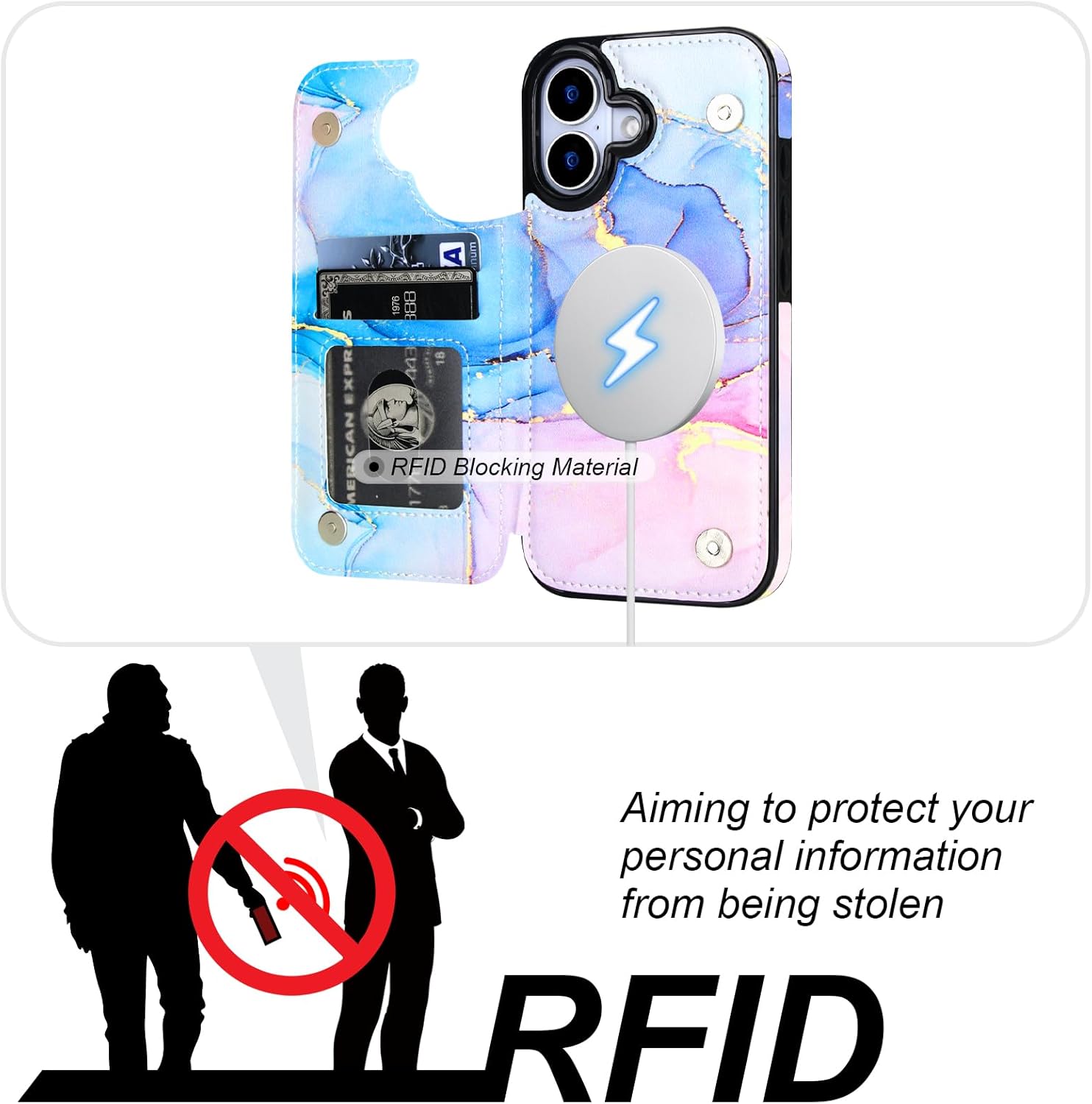 HAOPINSH Wallet Case for iPhone 17, Compatible with MagSafe Wireless Charging, Pink Blue Marble Pattern Back Flip Folio PU Leather Kickstand Card Slots Case Double Magnetic Clasp Cover 6.3" - Image 5