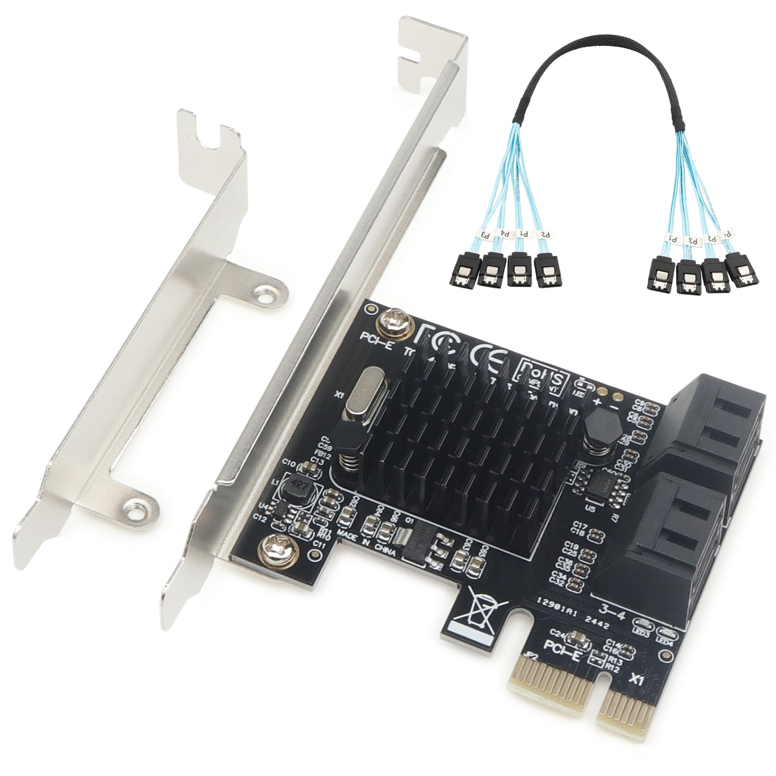Marvell 88SE9215 PCIe SATA Card for 4K Video Editing, 4-Port 6Gbps Hot-Swap, Heatsink, Windows/Linux/macOS/NAS (LP Bracket+Cable)