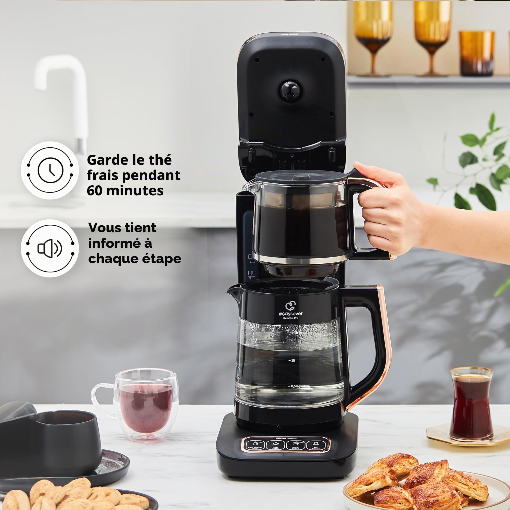 Karaca Bouilloire Robotea Pro 4 en 1 automatique et parlante Bouilloire et cafetière filtre 2500W, Black Copper