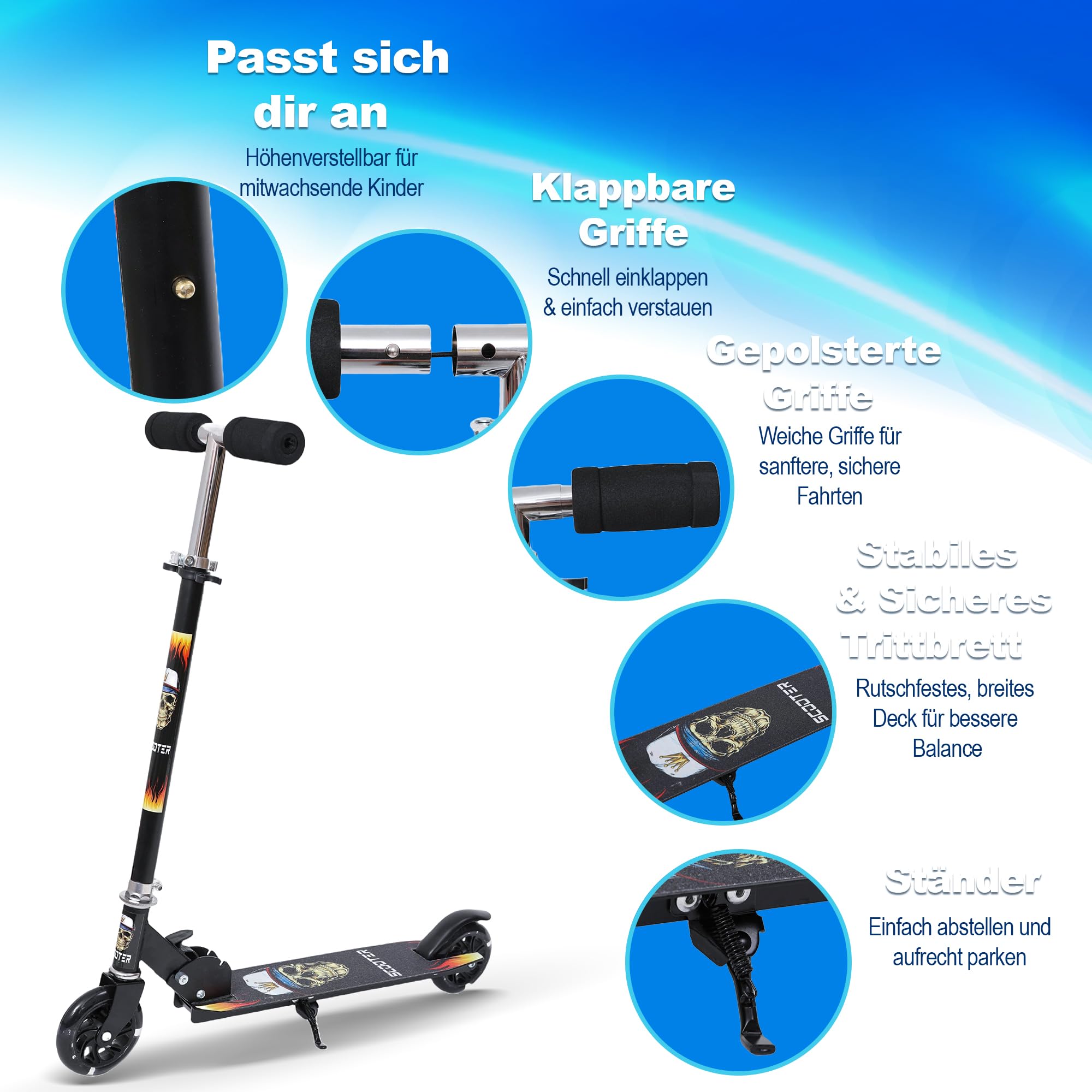 Habib Kinderroller – Mitwachsender Tretroller & Scooter mit LED Rädern, Klappbar, 4 Stufen Höhenverstellbar für Kinder 3-10 Jahre, Jungen & Mädchen