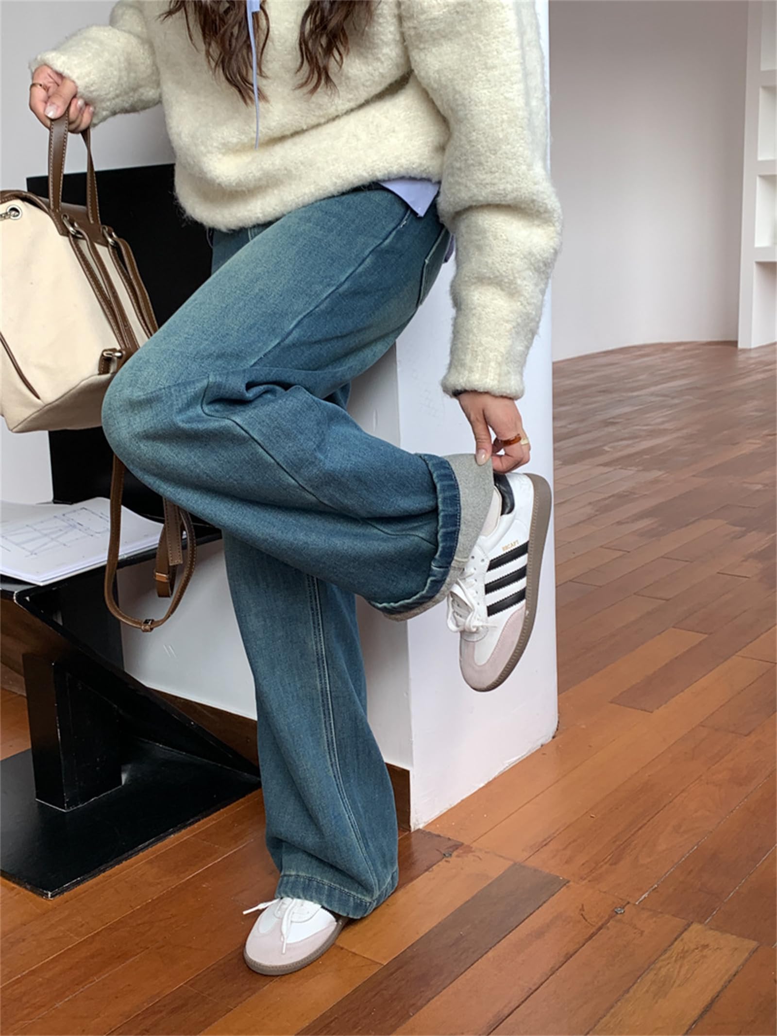 Pantaloni a Gamba Larga in Denim Autunno e Inverno Jeans Large Leg in Velluto da Donna