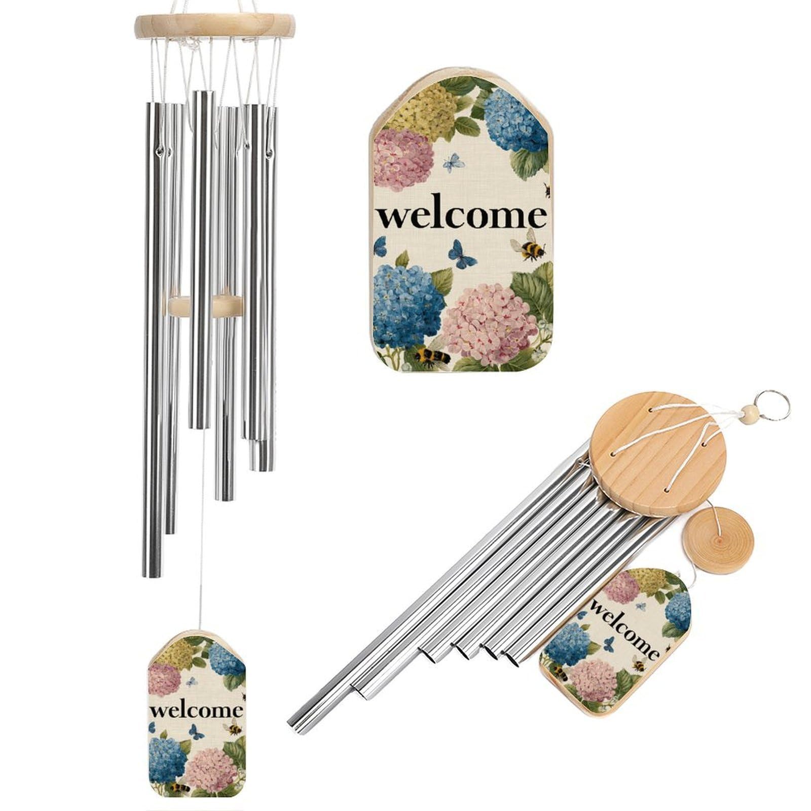 Colorful Hydrangea Flowers Butterflies Bee Wind Chimes Memorial Deep Tone Windchime with 6 Aluminum Tubes Outdoor Backyard Garden Decoration