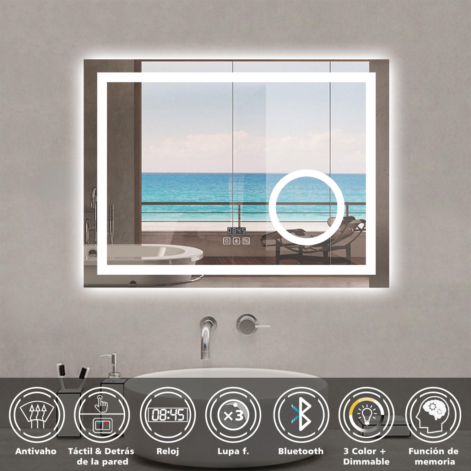 AICA Espejo de baño, Espejo con led luz, con función antivaho, Bluetooth,Reloj led,Lupa 3X, led luz con 3 Colores （3000k/4500k/6000k,Brillo Ajustable.