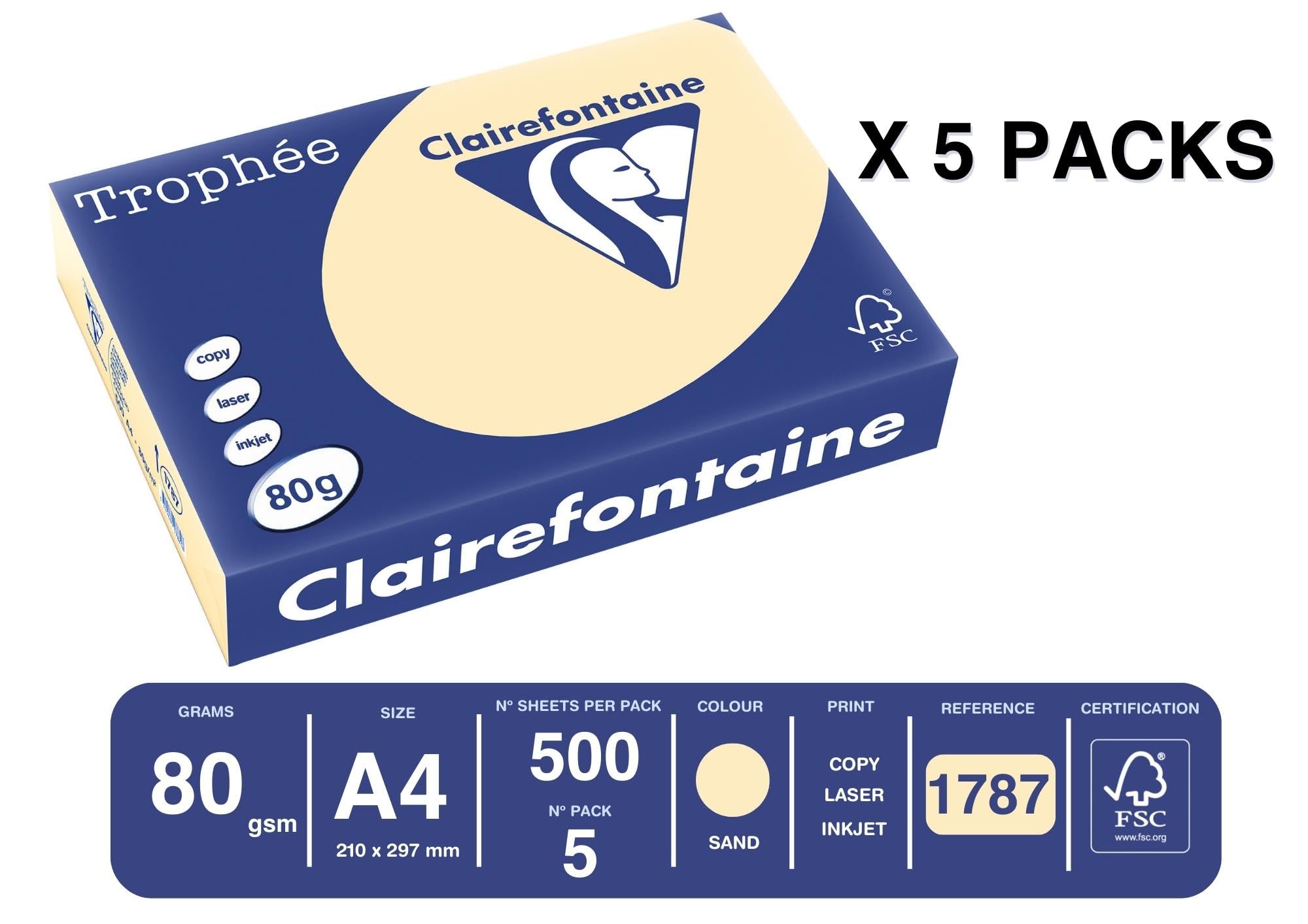 Clairefontaine 1787C – karton z 5 papier do drukarek Ries/papier do kopiowania Trophee, intensywne kolory, DIN A4, 80 g, 500 arkuszy x 5, kremowy, 1 karton
