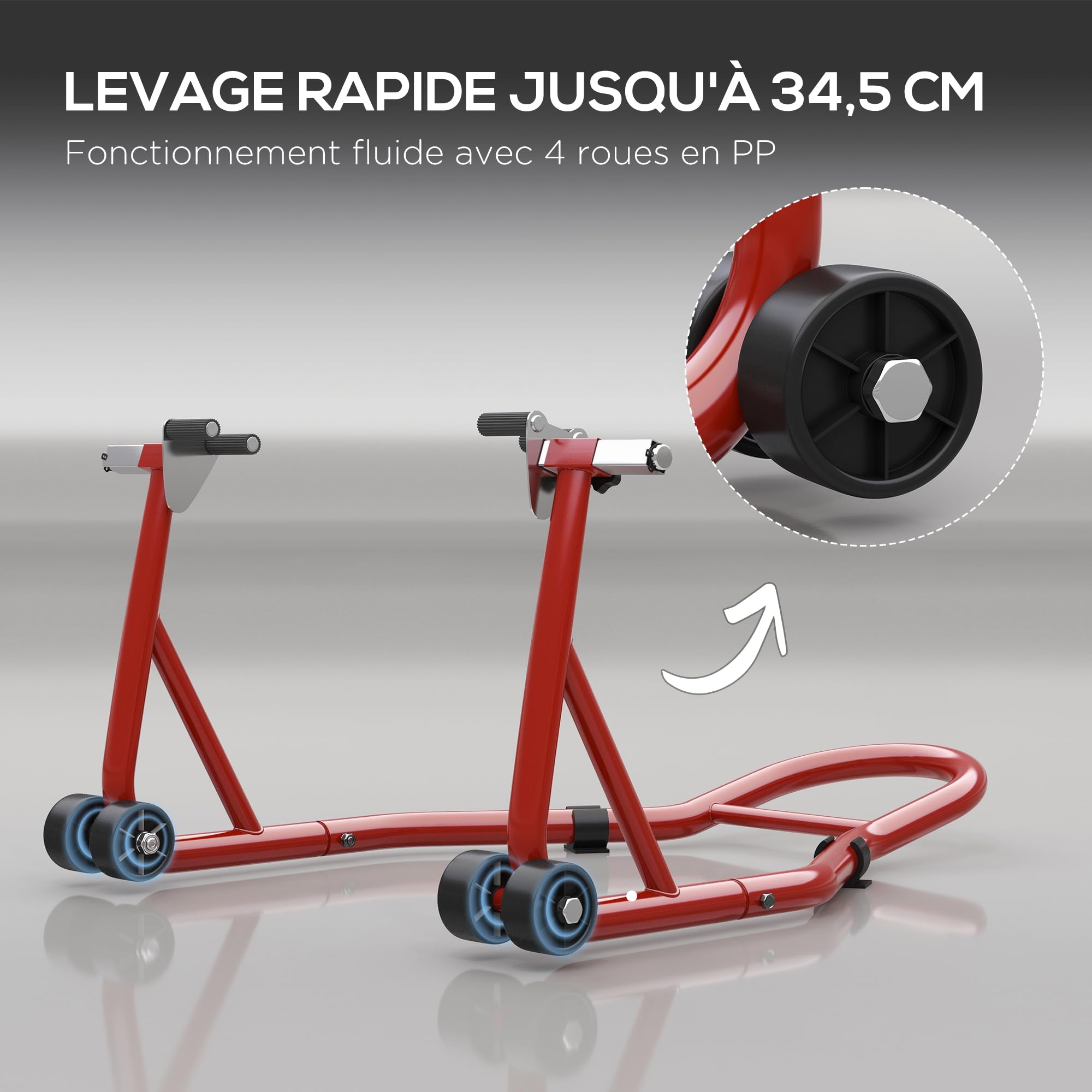HOMCOM Béquille d'Atelier Moto Avant avec Goupille Réglable Acier Rouge | Support pour Moto, Adaptateurs pour Bras Oscillant, Support Universel de Levage pour Atelier