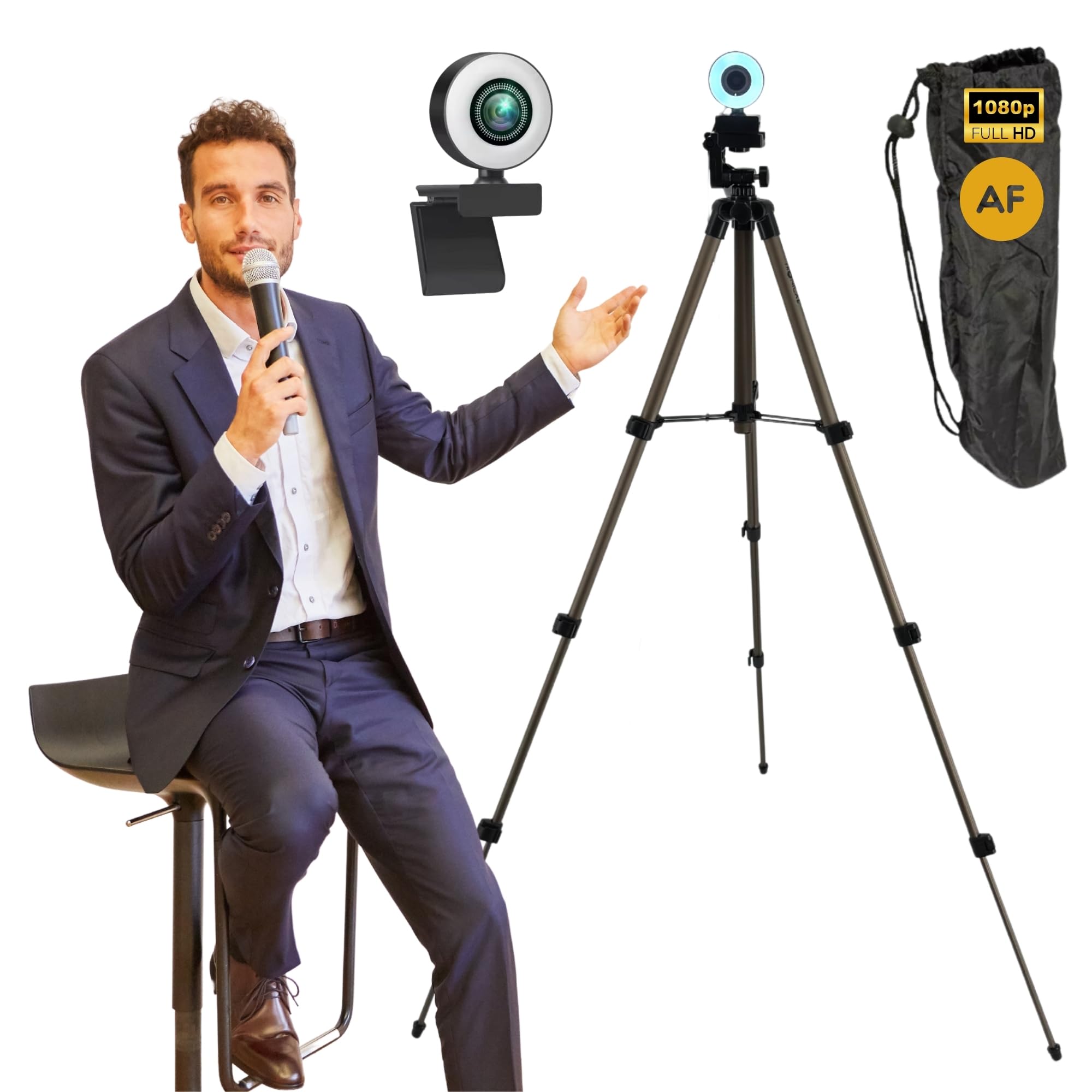 TronicXL Webcam con enfoque automático con lámpara de anillo + trípode de 113 cm Full HD 1920 x 1080p I 2 micrófonos estéreo cancelación de ruido fondo I para ordenador PC portátil para Xbox