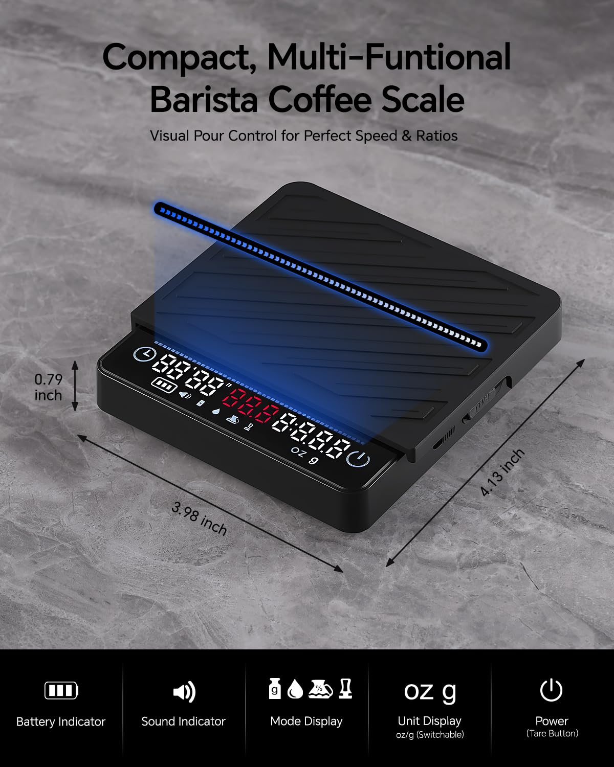 Bilancia per caffè espresso con timer e portata – MUVNA 2 kg/0,1 g, ricaricabile di precisione, per versare sopra, peso chicchi di caffè, mini display LED portatile, 4 modalità intelligenti