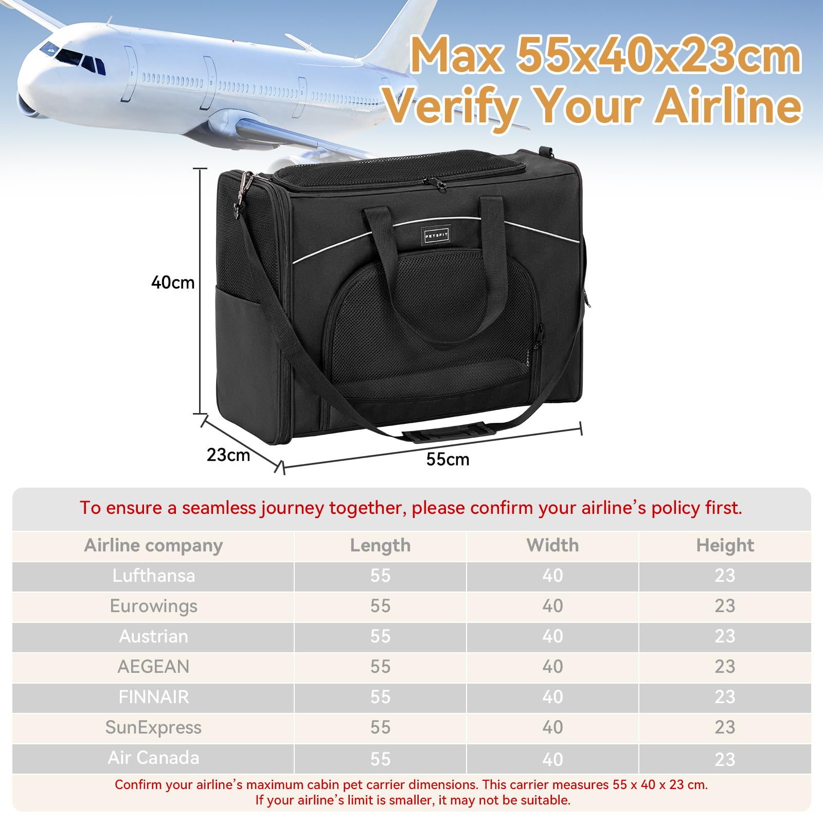 Petsfit Borsa per il trasporto di gatti e cani, aeroplano | borsa per cani e trasportino gatto | borsa aerea per animali domestici | trasporto sicuro in auto, aereo e treno, L/nero