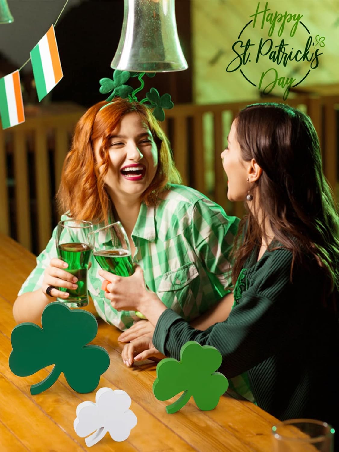 Large St. Patrick's Day Shamrocks Decorations - 4.2in/6in/8.2in Wooden Clover Table Signs, 3 PCS Green Shamrock Desk Tired Tray Decors for Table Centerpiece Home Office Irish Themed Party - Image 2