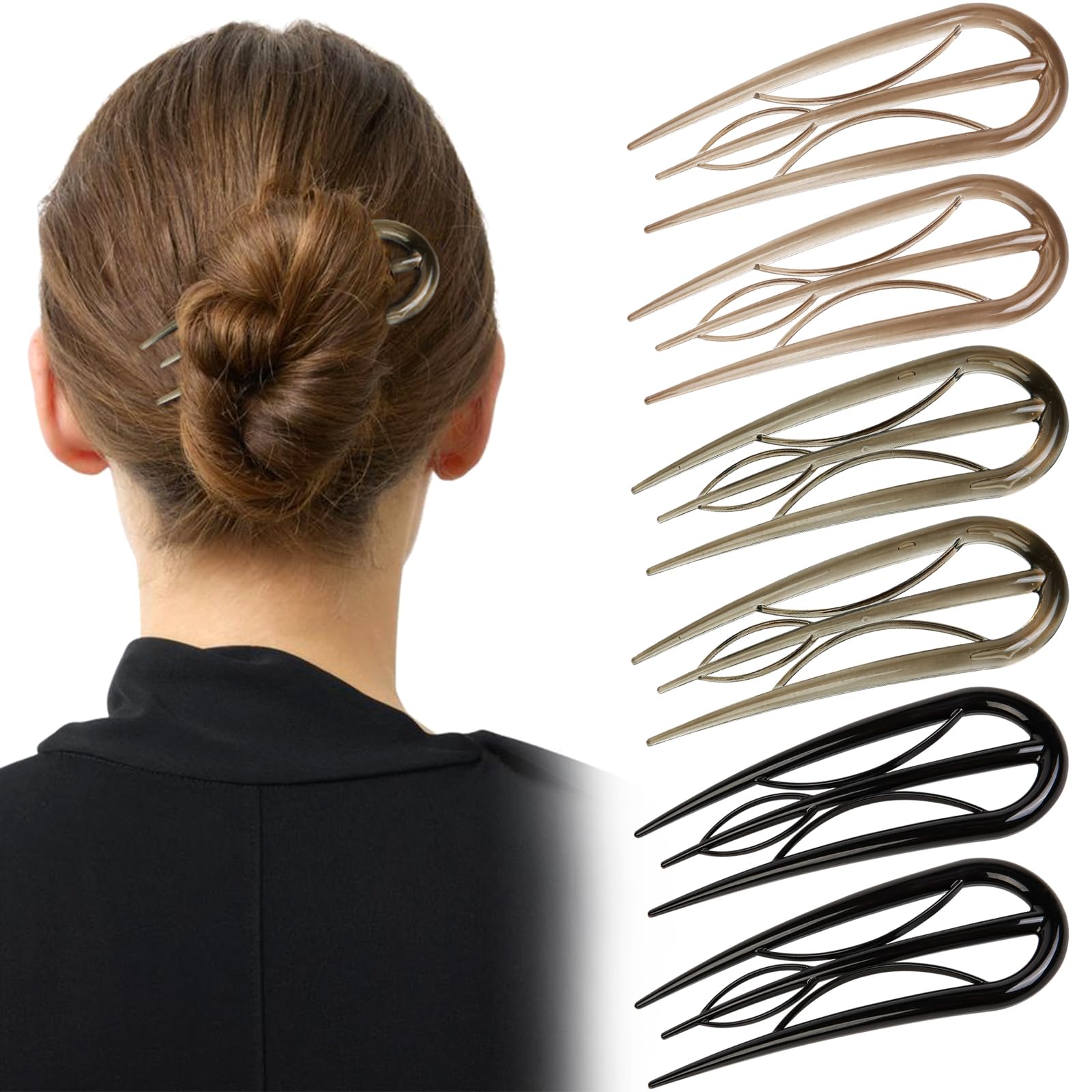 French Hair Pin for Women, 6 Pcs U-Shaped French Pin Flat Hair Clips for Women, Strong Hold Hair Fork Hair Sticks for Buns, French Twist Pin for All