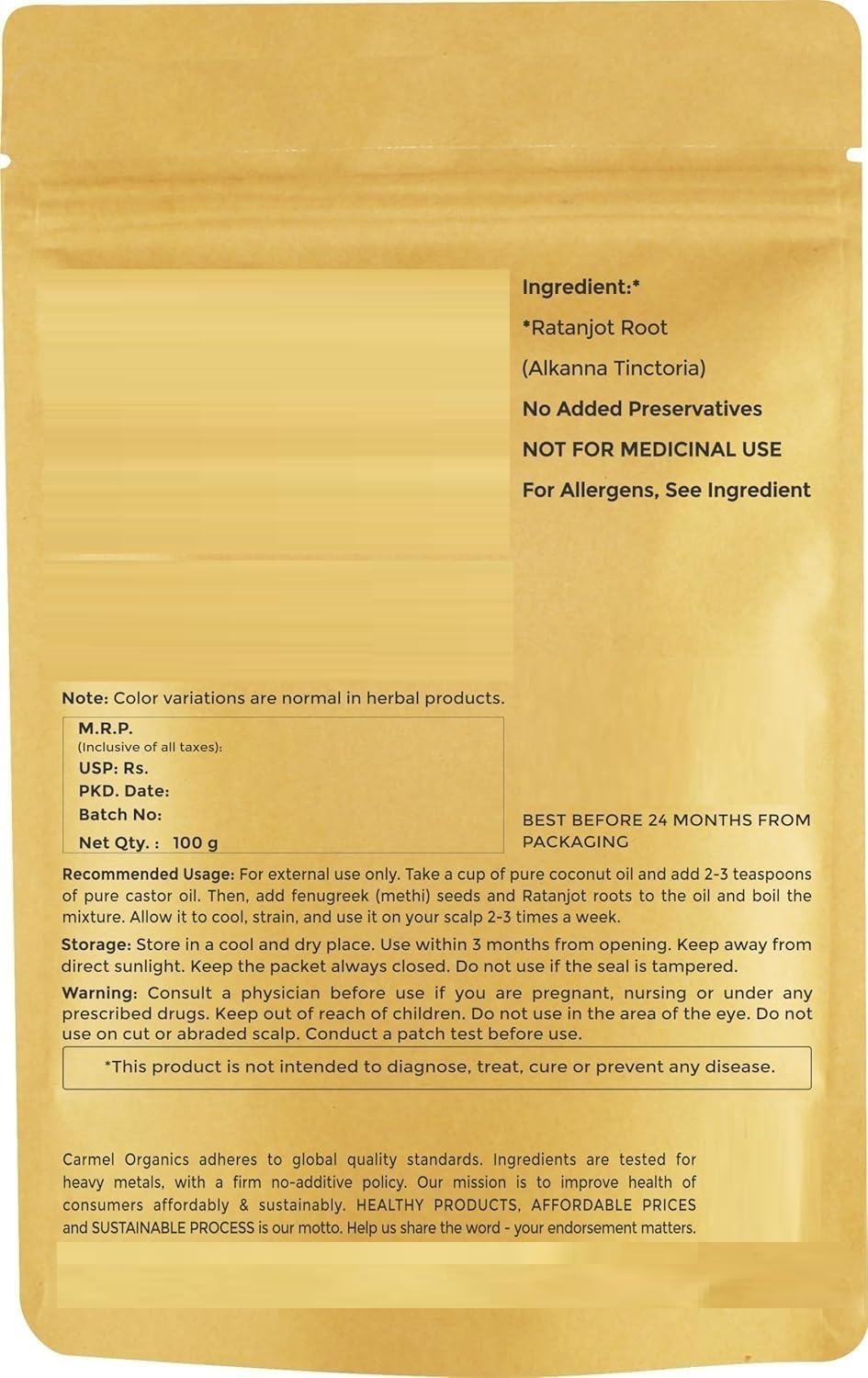 Ratanjot Roots 100 Grams | Alkanet Root - Alkanna Tinctoria For Cooking, Hair Fall, Hair Growth, Skin | Natural | Non GMO| No Added Preservatives and Additives