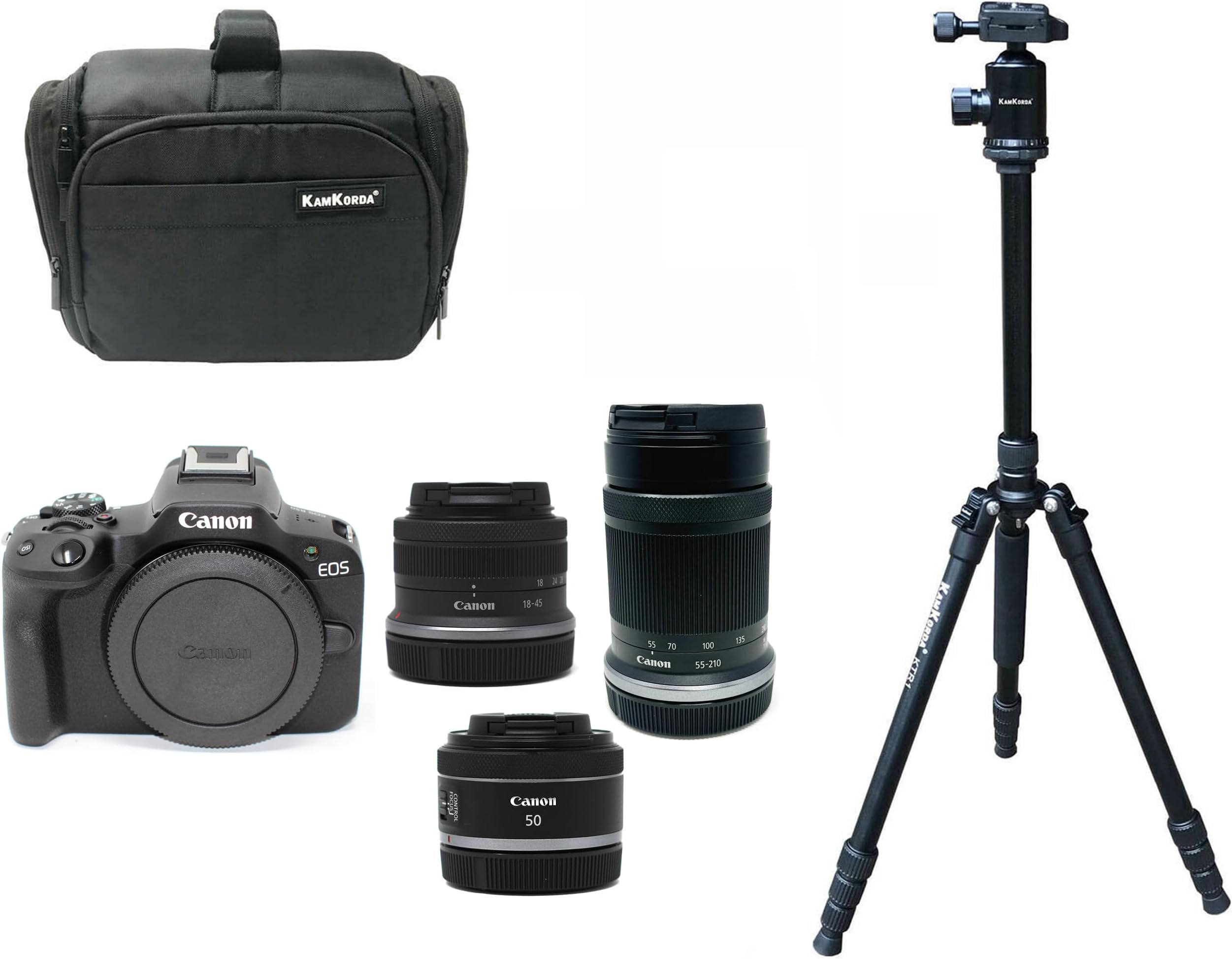 KamKorda Camera Bag + Tripod + R50 Mirrorless Camera + RF-S 18-45mm + RF-S 55-210mm + RF 50mm f/1.8 STM lenses, 24.2MP APS-C CMOS Sensor, UHD 4K Video + 2 Year Warranty