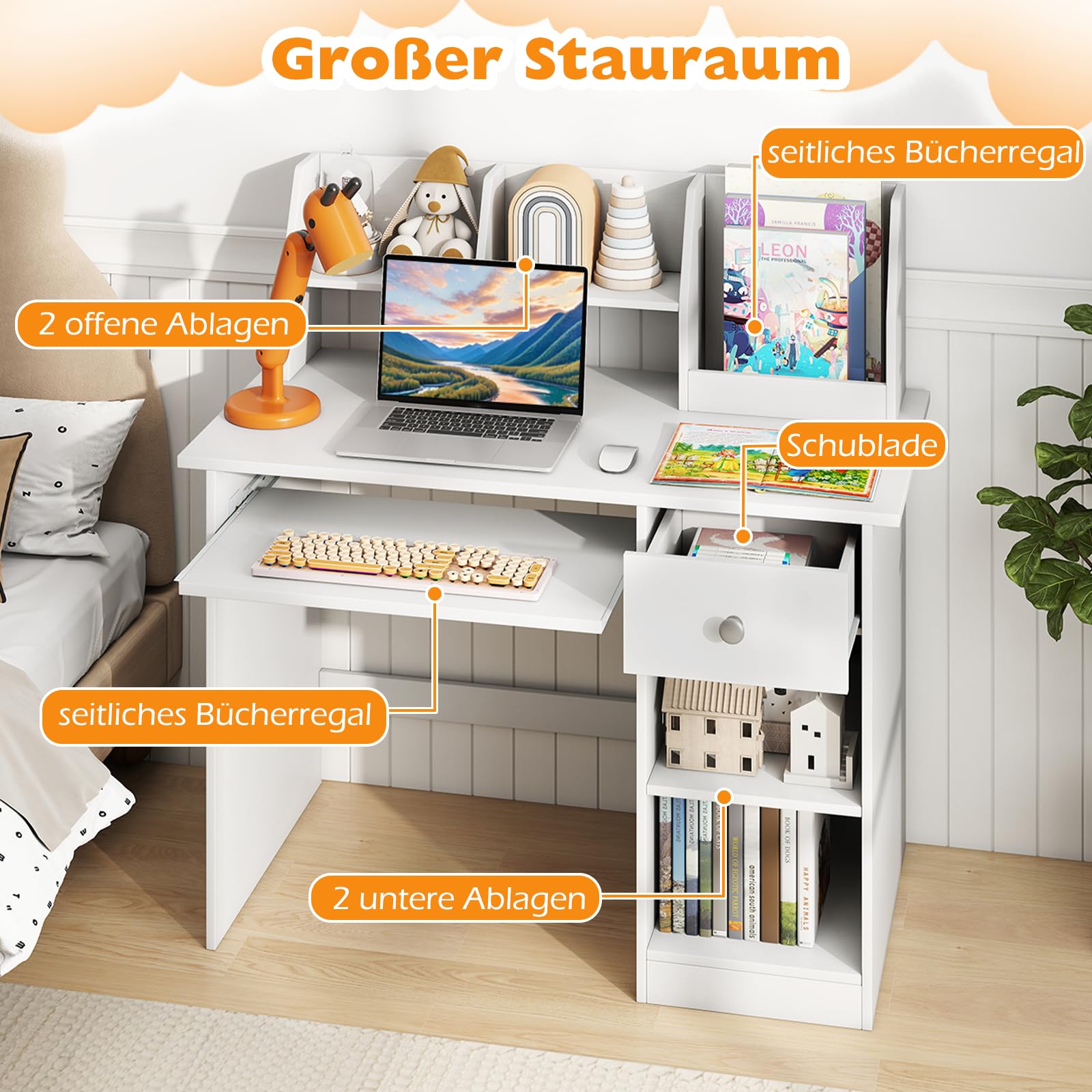 GOPLUS Kinderschreibtisch, Kinder Schreibtisch mit Bücherregal, Schublade & 4 offenen Ablagen, Kindertisch mit Tastaturablage, Jugendschreibtisch mit Kippschutz, Schreibtisch für ab 3 Jahren (Weiß)