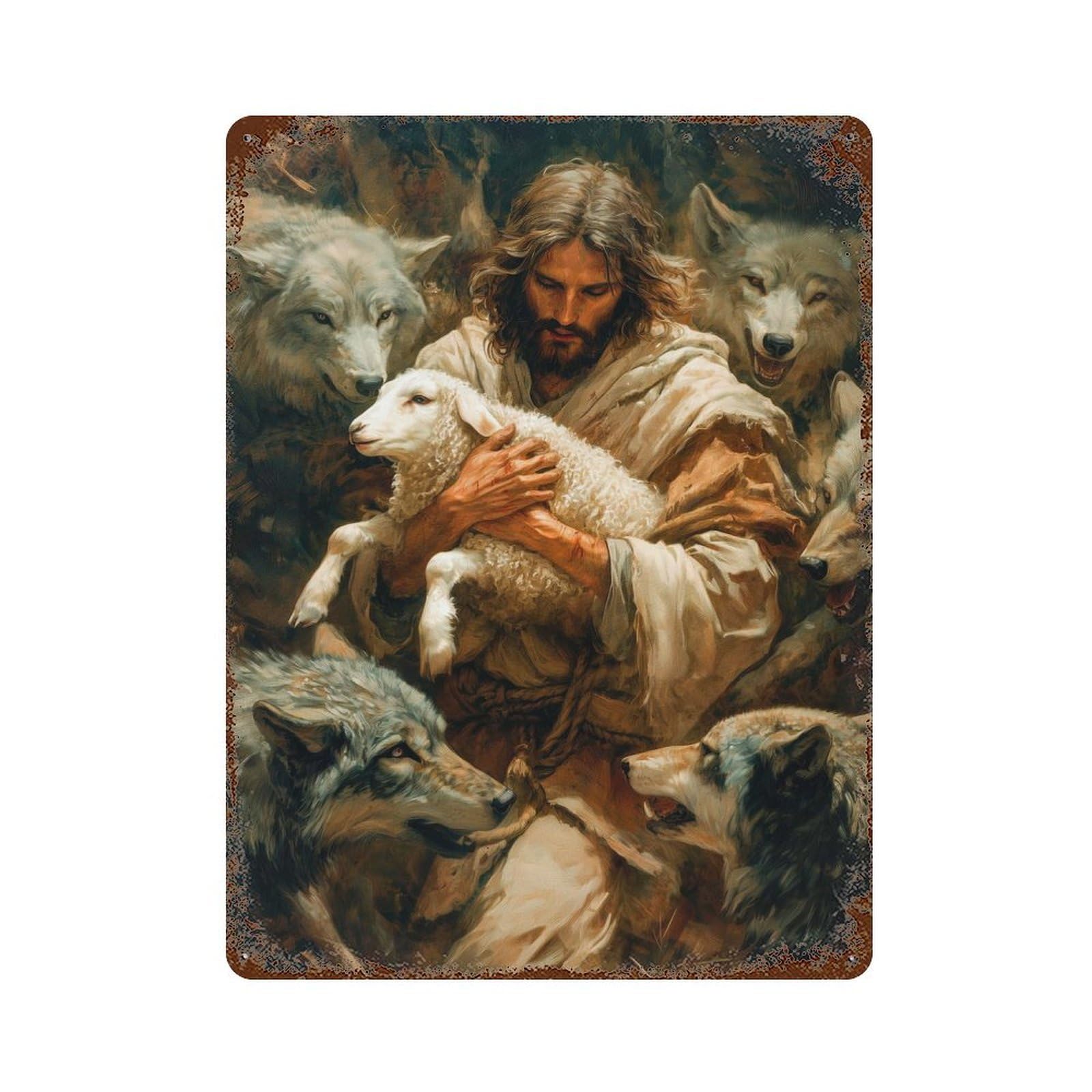 Protection of Jesus Aged Metal Wall Plaque 15.7"x11.8", Decorative Metal Wall Art for Garage, Pub Or Kitchen