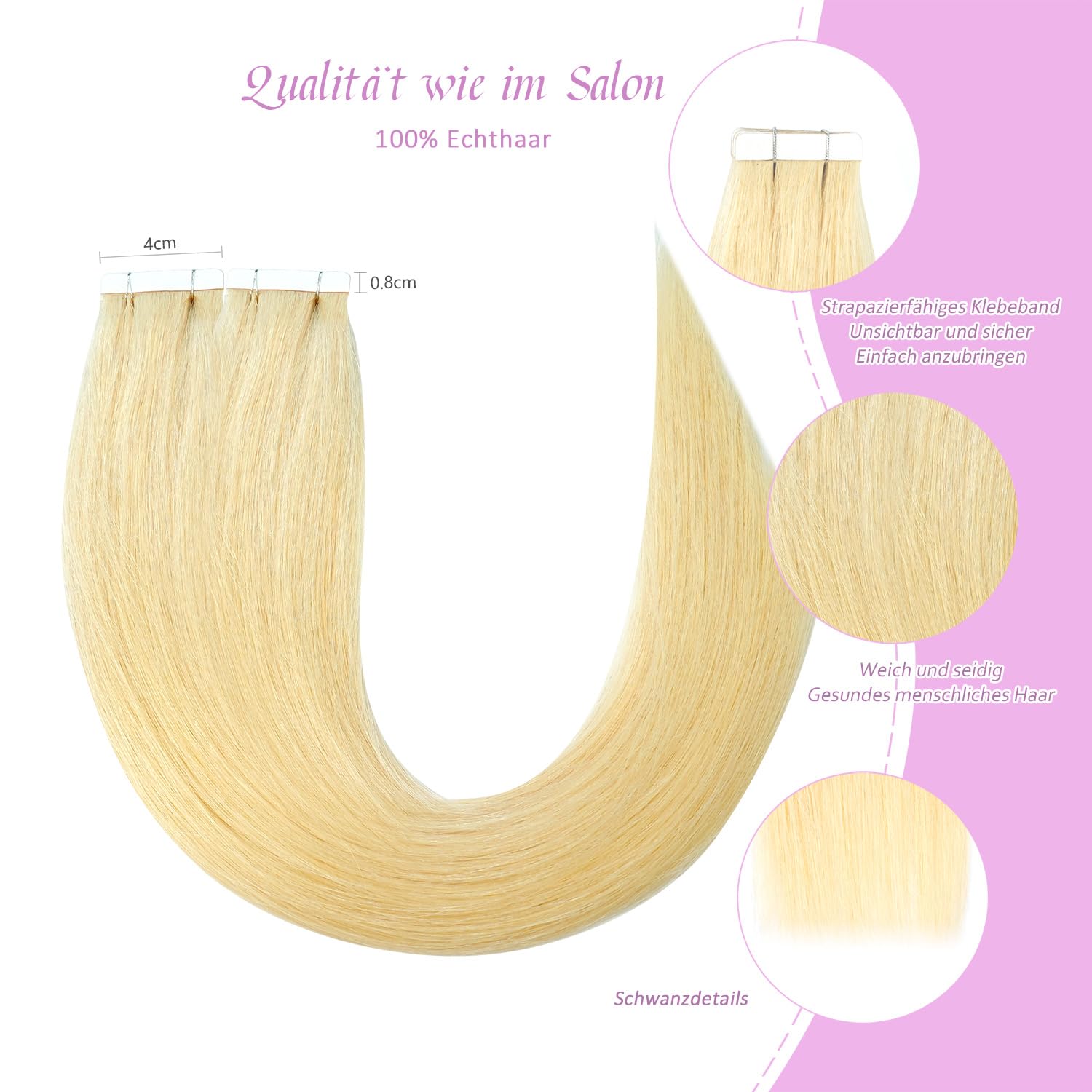 Tape Extensions Echthaar Gebleichtes Blond 60cm, 20Stück, 50g/Packung, Salon-Klasse Qualität, Einfaches und Angenehmes Tragen für Junge Frauen (Gebleichtes Blond, 60 cm)