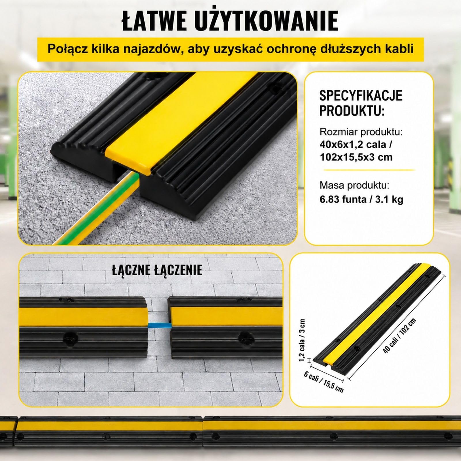 Zestaw 4 mostków kablowych, 1 kanał, czarno-żółta guma i PVC, z otworami montażowymi do garażu i magazynu