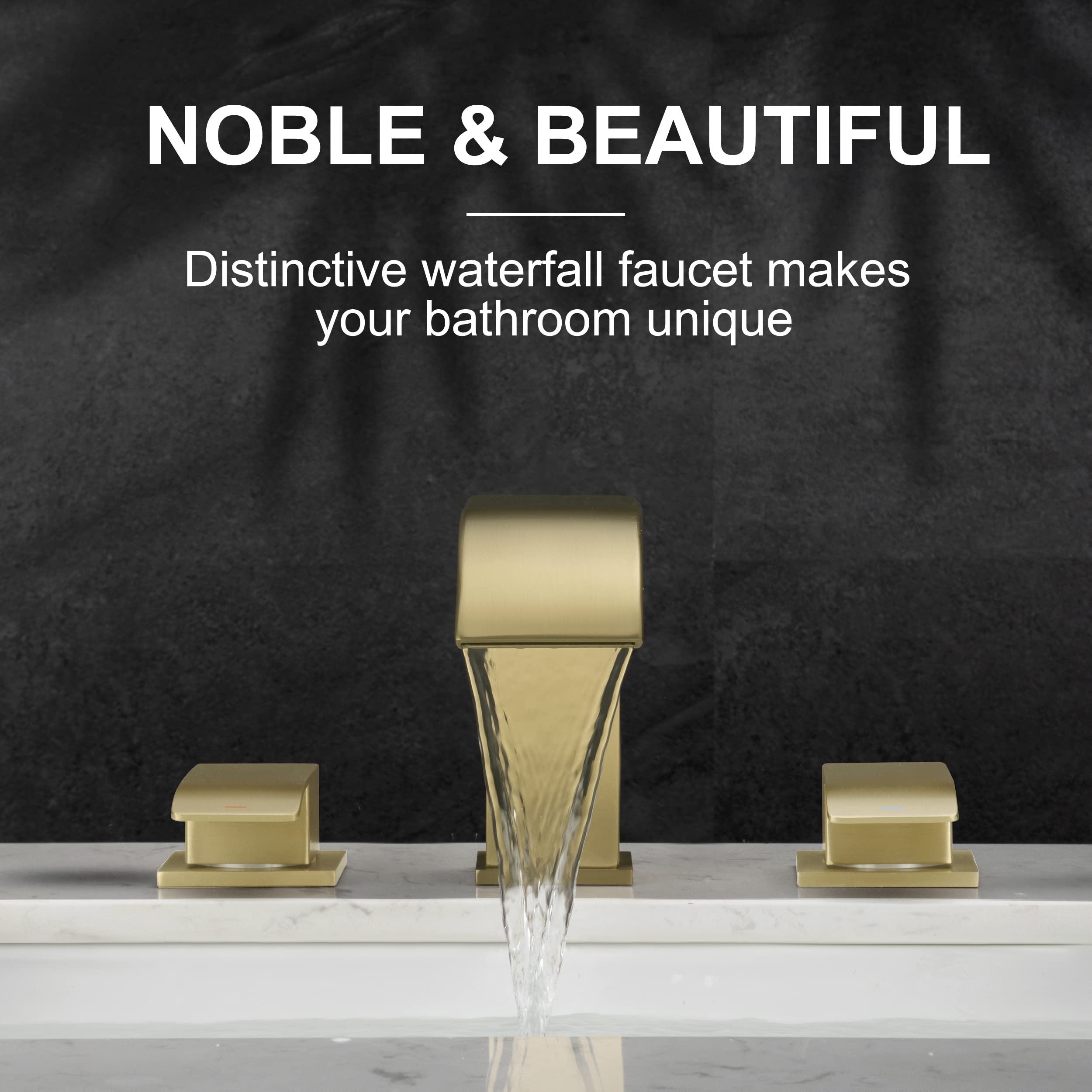 Brushed Gold Waterfall Bathroom Faucet - Widespread Bathroom Faucets for Sink 3 Hole, Bathroom Sink Faucet 2 Handles 8 Inch, Modern Faucet for Bathroom Sink, Vanity Faucet with cUPC Supply Lines