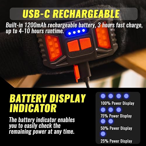 Miniatura 4 de Gorro recargable con luz LED de 1200 lúmenes con luz de haz ancho incorporada, 6 modos, ligero, gorro de invierno para faros delanteros, regalos