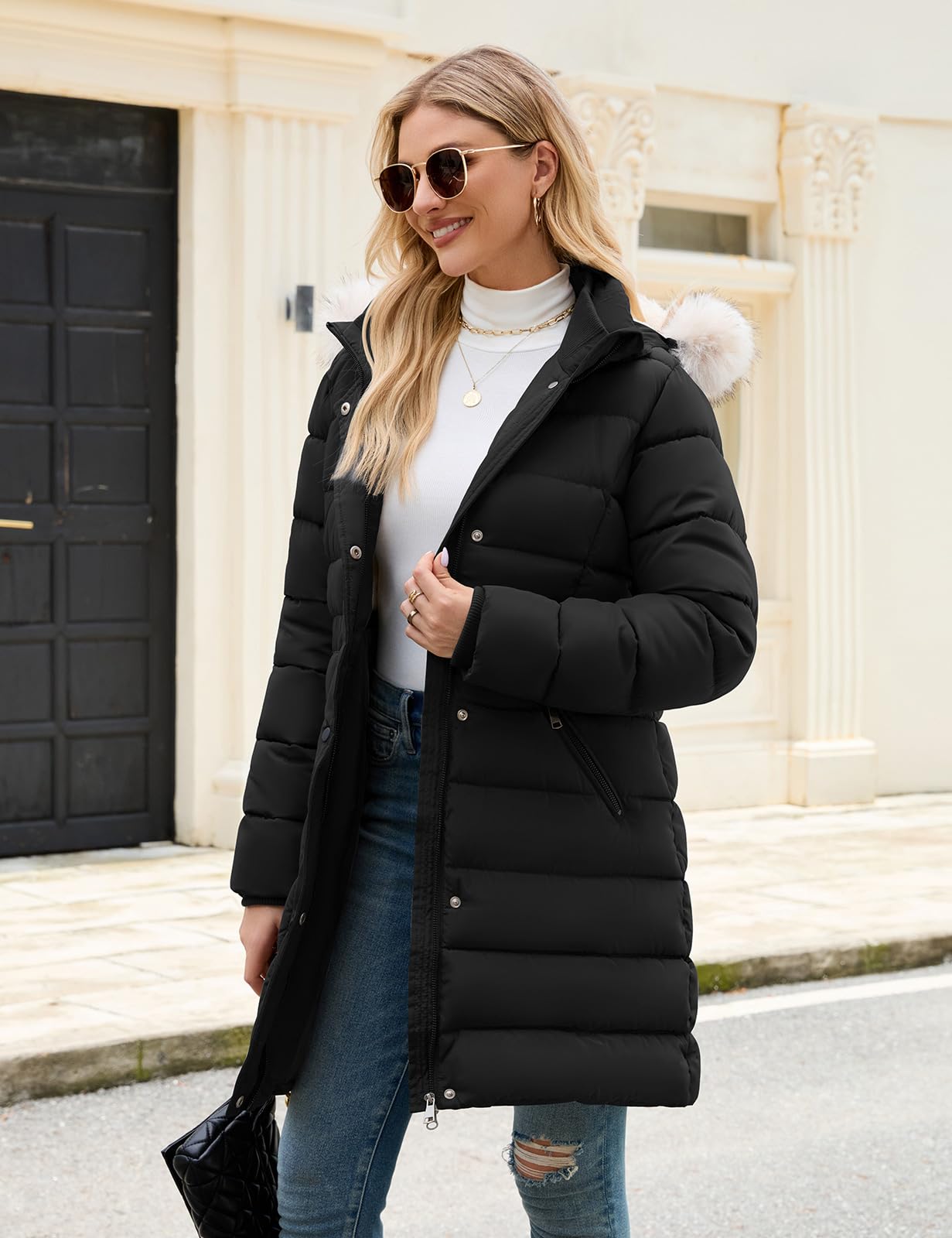 Women's Winter Thicken Fleece Lined Puffer Coat Mid-Length Down Jacket with Removable Faux Fur Hood, Warm Snow Parka