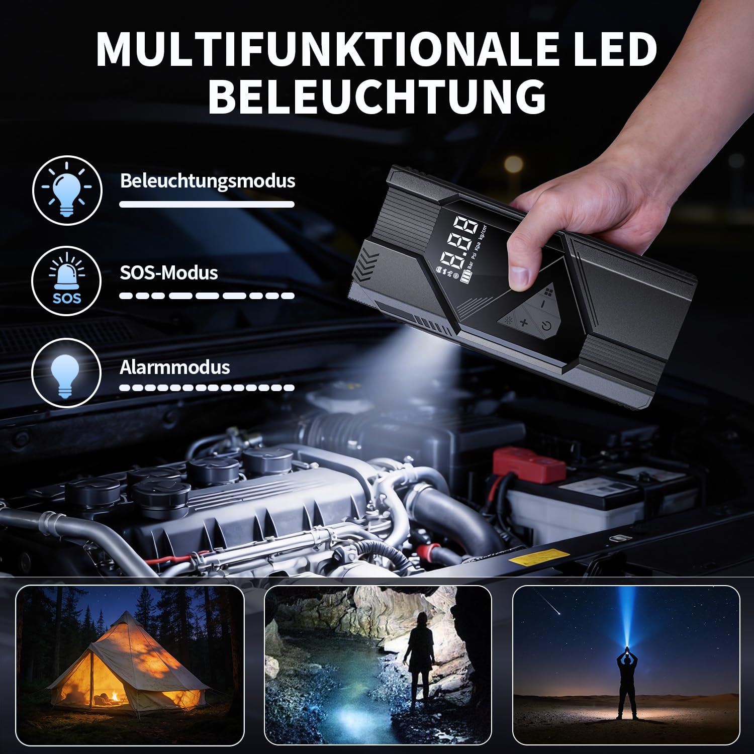FINIBO powerbank rozruchowy do samochodów z kompresorem, czarny