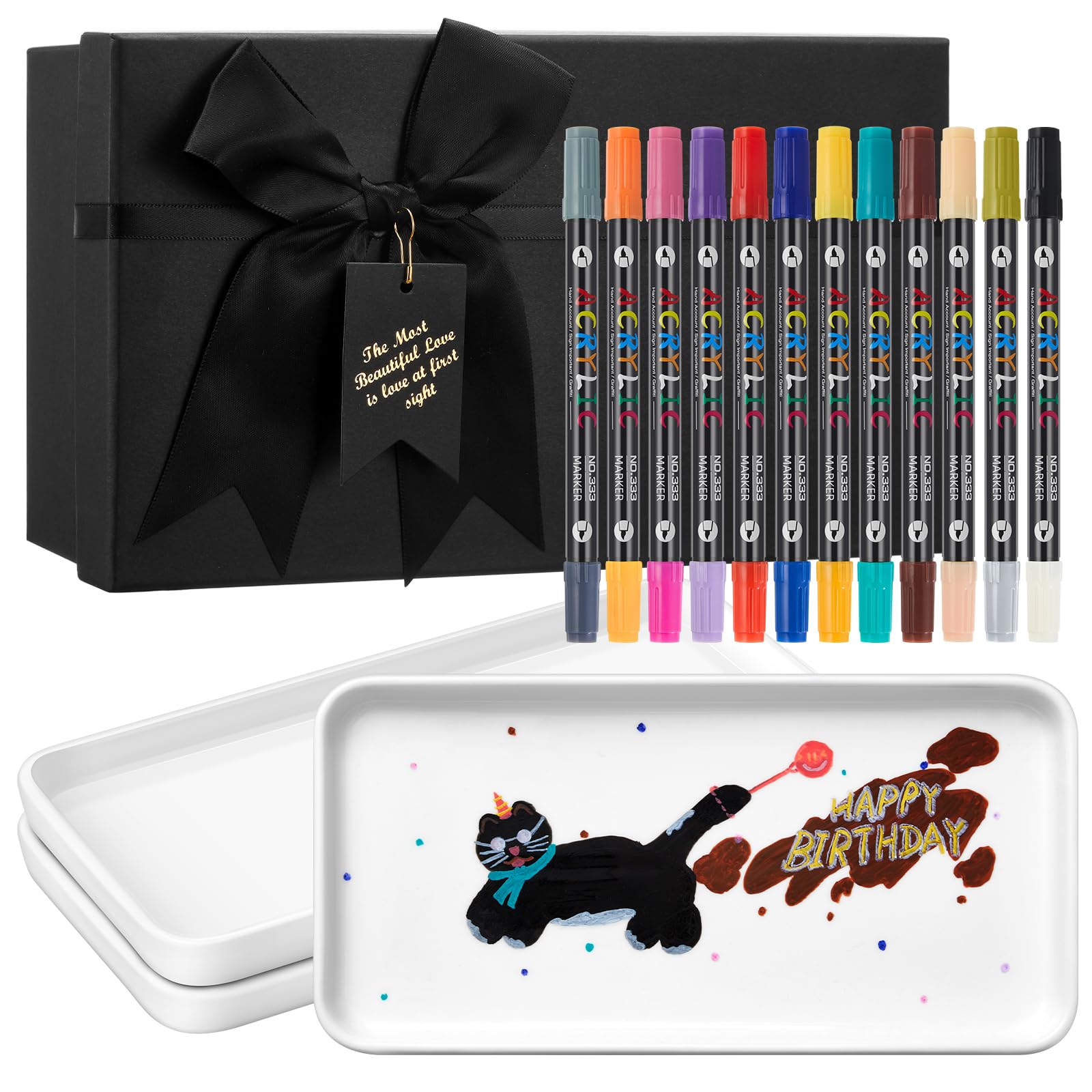 Sinmoe Set Pintura de Cerámica DIY 3 Platos de Cerámica Bandeja de Servir Blanca 12 Bolígrafos de Porcelana de Lavavajillas Caja de Regalo para Navidad Pareja Amigas Familia (Rectangular, 10 Pulgadas)