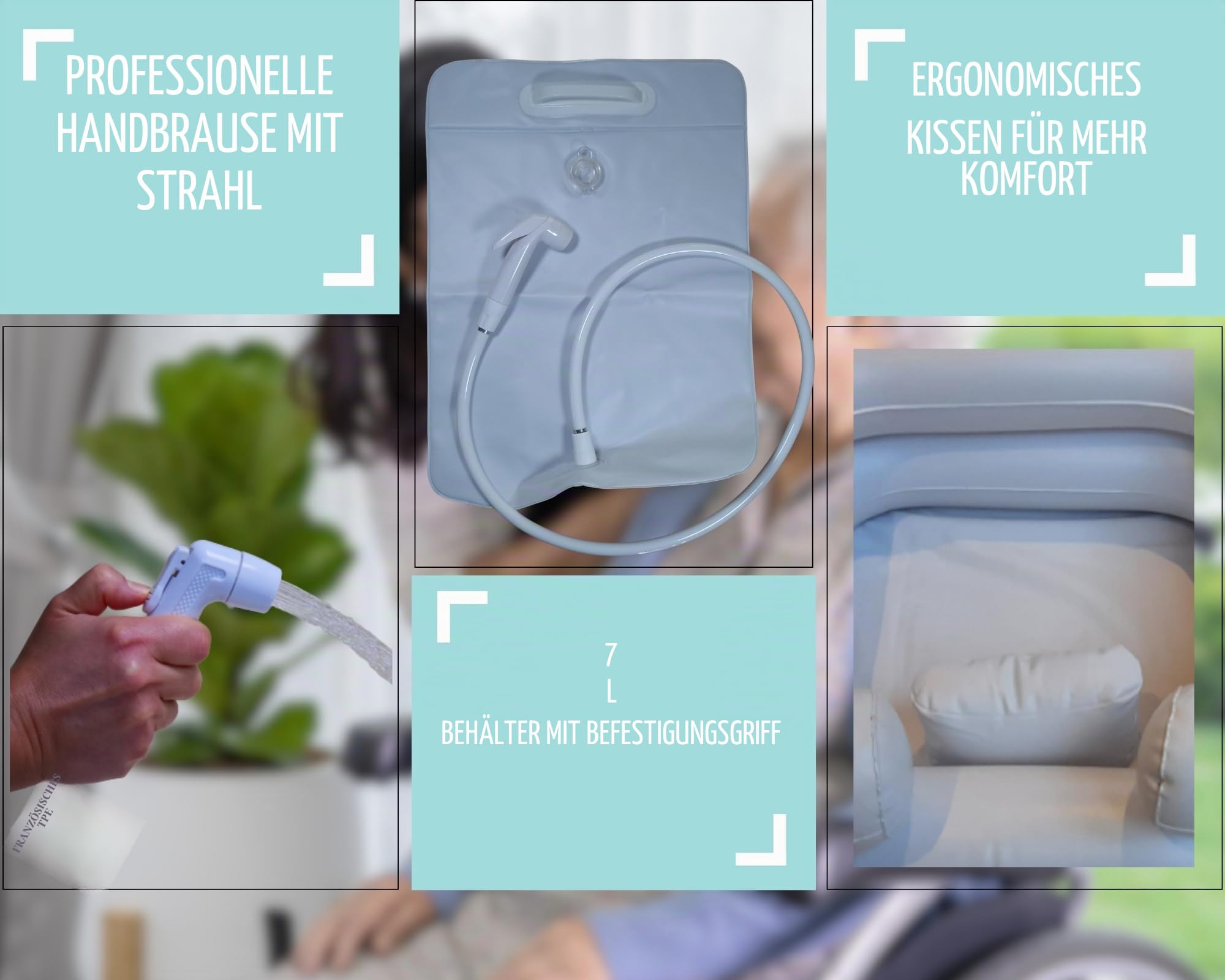 haarwaschbeck für bettlägerige mit integriertem Kissen und Wassertank, Handbrause, Haare waschen im Bett, mobile Haarwaschstation