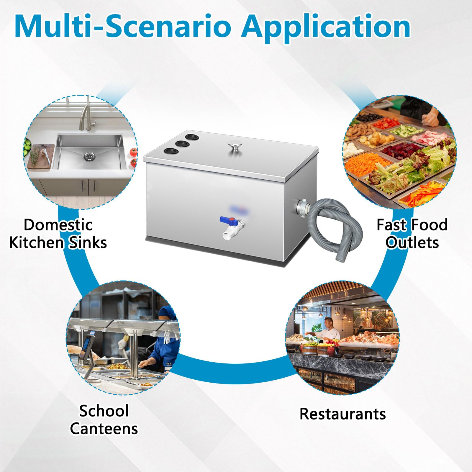 Separador de grasa comercial, separador de grasa de acero inoxidable de 54L con 3 entradas superiores, separador de aceite y agua, filtración de 5 etapas para cocinas de restaurantes, 60 x 30 x