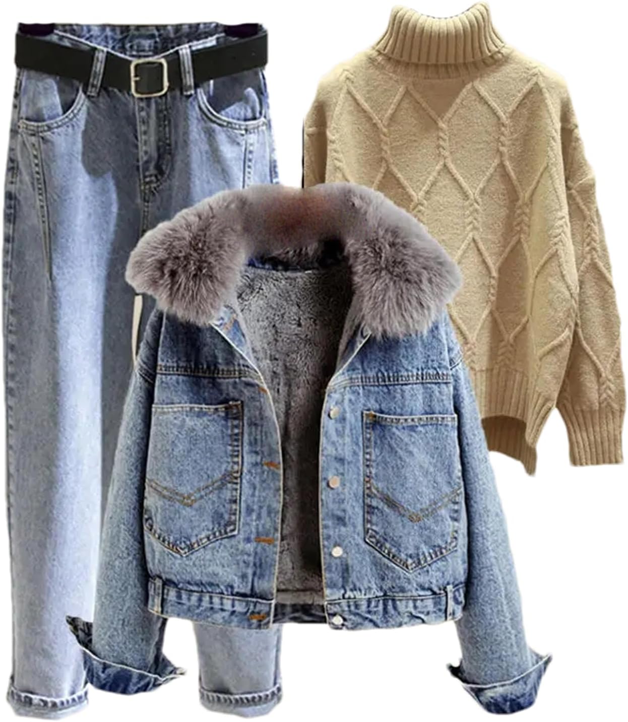 Women Winter Warm Suit Denim Jacket and Knitting Top+Pant Three Piece Set Jacket Sportwear