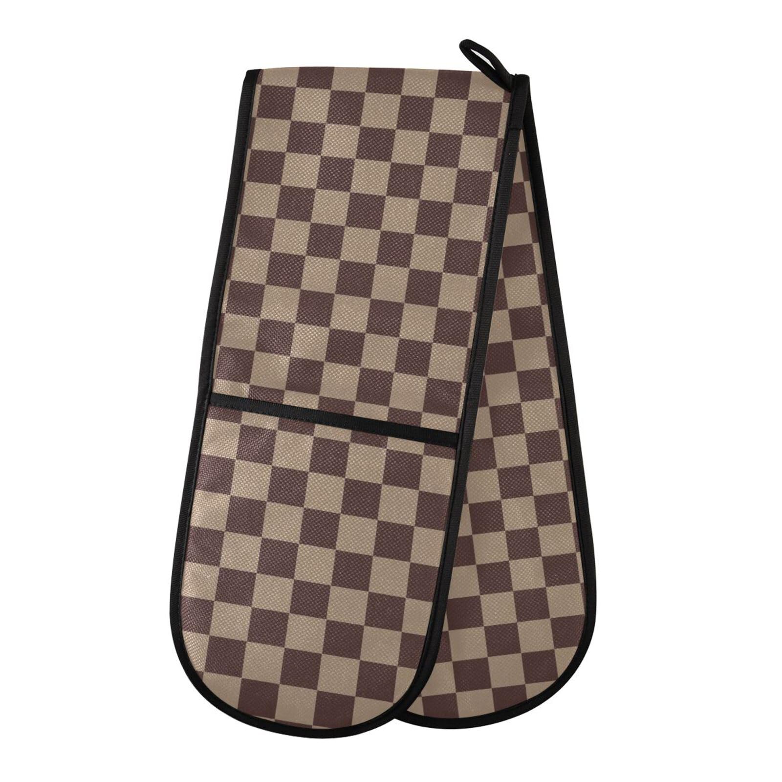 Oven Gloves Double Oven Gloves Brown Checkerboard A Oven Mitts Pot Holder Heat Resistant Quilted for BBQ Baking Kitchen Cooking Gloves