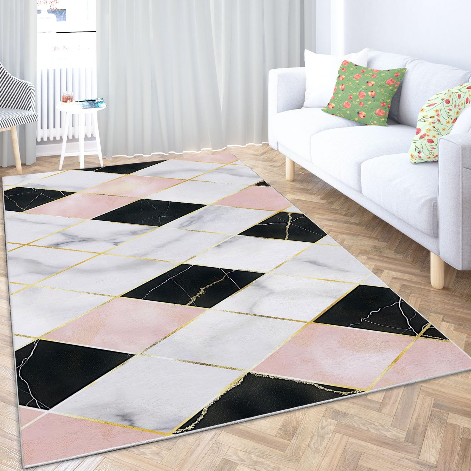 Różowy dywanik dywaniki do salonu sypialni 180 x 250 cm marmurowy geometryczny romb mata podłogowa z nadrukiem miękkie dywany duży dywan do jadalni domu biura kuchni