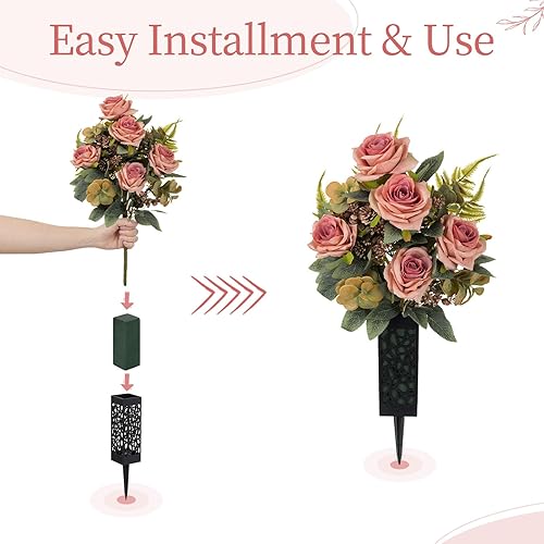 Miniatura 4 de Juego de 2 ramos funerarios de rosas falsas blancas con jarrón de seda, arreglo floral conmemorativo para tumbas al aire libre, lápidas de cementerio