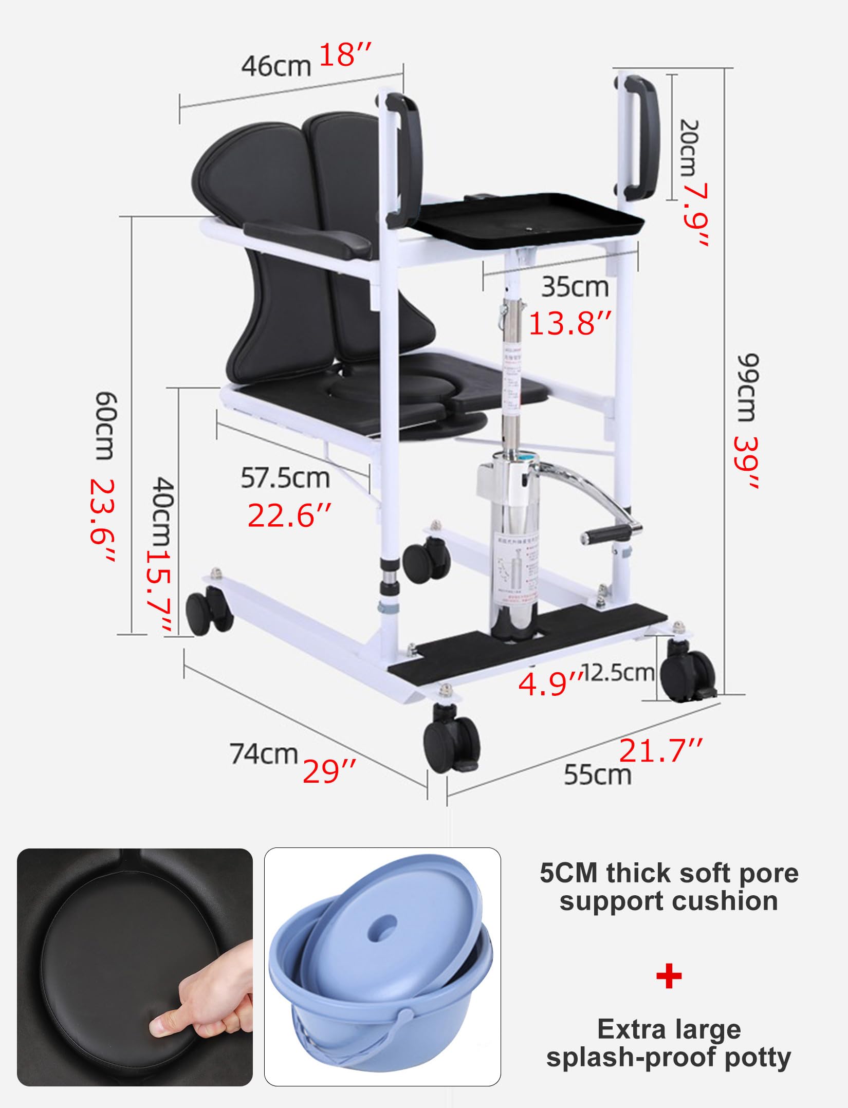 BOTOWI Sollevatore Idraulico per Pazienti, Sollevatore 5 in 1 per Trasferimento Completo del Paziente per Sollevamento del Pavimento, Letto Basso, Sedia con Sedile Diviso a 180°
