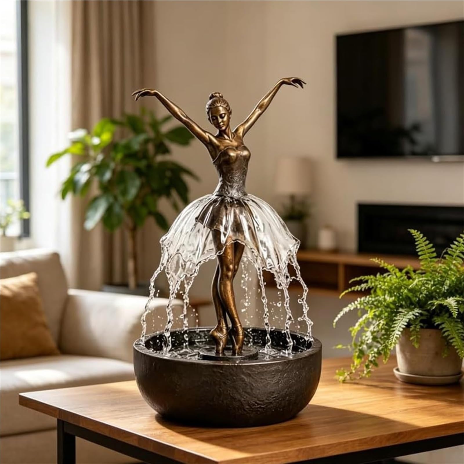 Fuente con Altavoz Bluetooth Y Efecto De Cascada Fuente De Altavoz Bluetooth Cascada Bailarina, Escultura Artística con Falda Agua Que Fluye, Atención Plena for Aliviar El Estrés for Hogar(Gold)