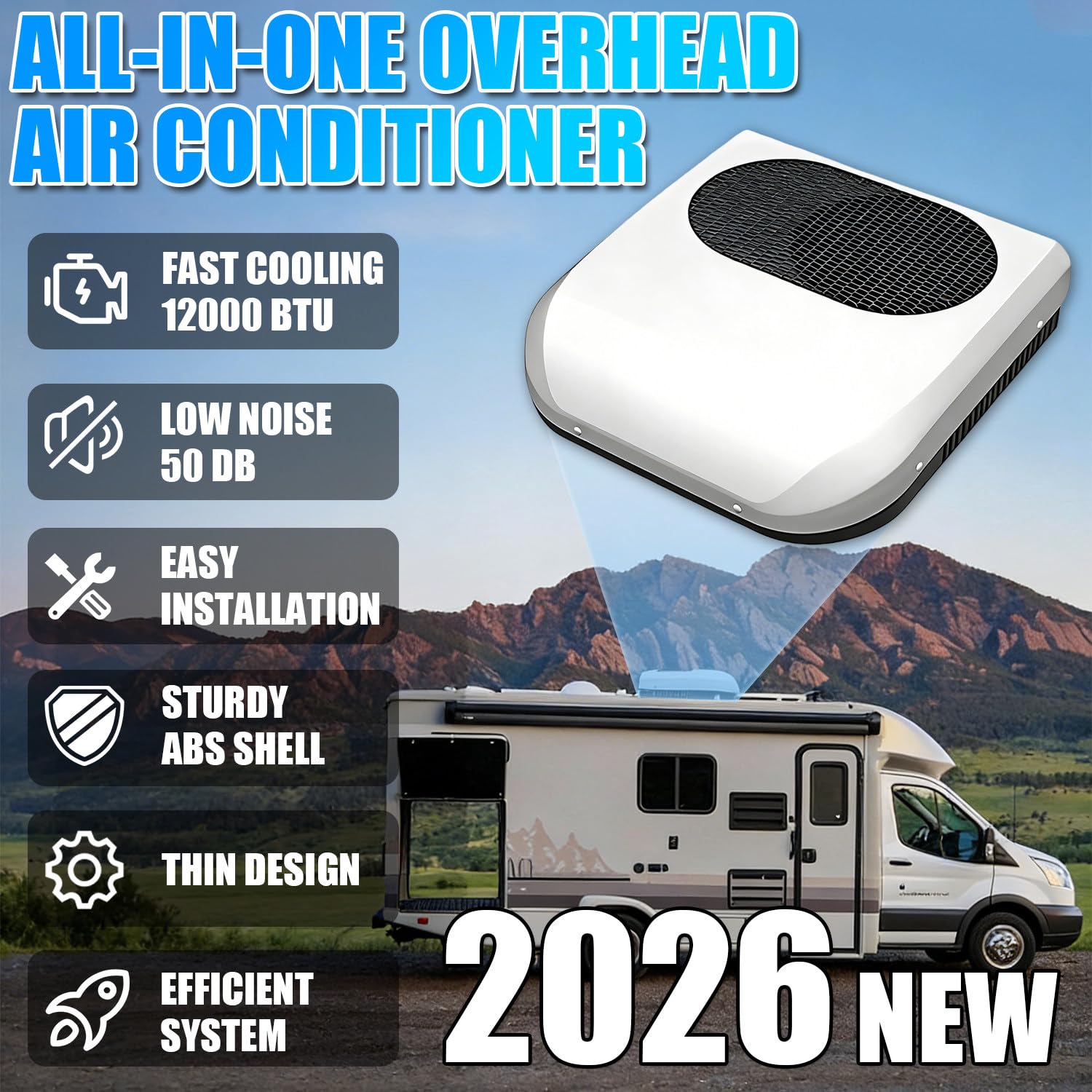 Aria Condizionata Camper, Condizionatore Camper 12v, 12000 Btu, 5 Velocità Del Vento Regolabili, Raffreddamento Da 1900 W, 470 CFM, Per Camper, Furgoni Camperizzati, Auto, Semirimorchi 12V