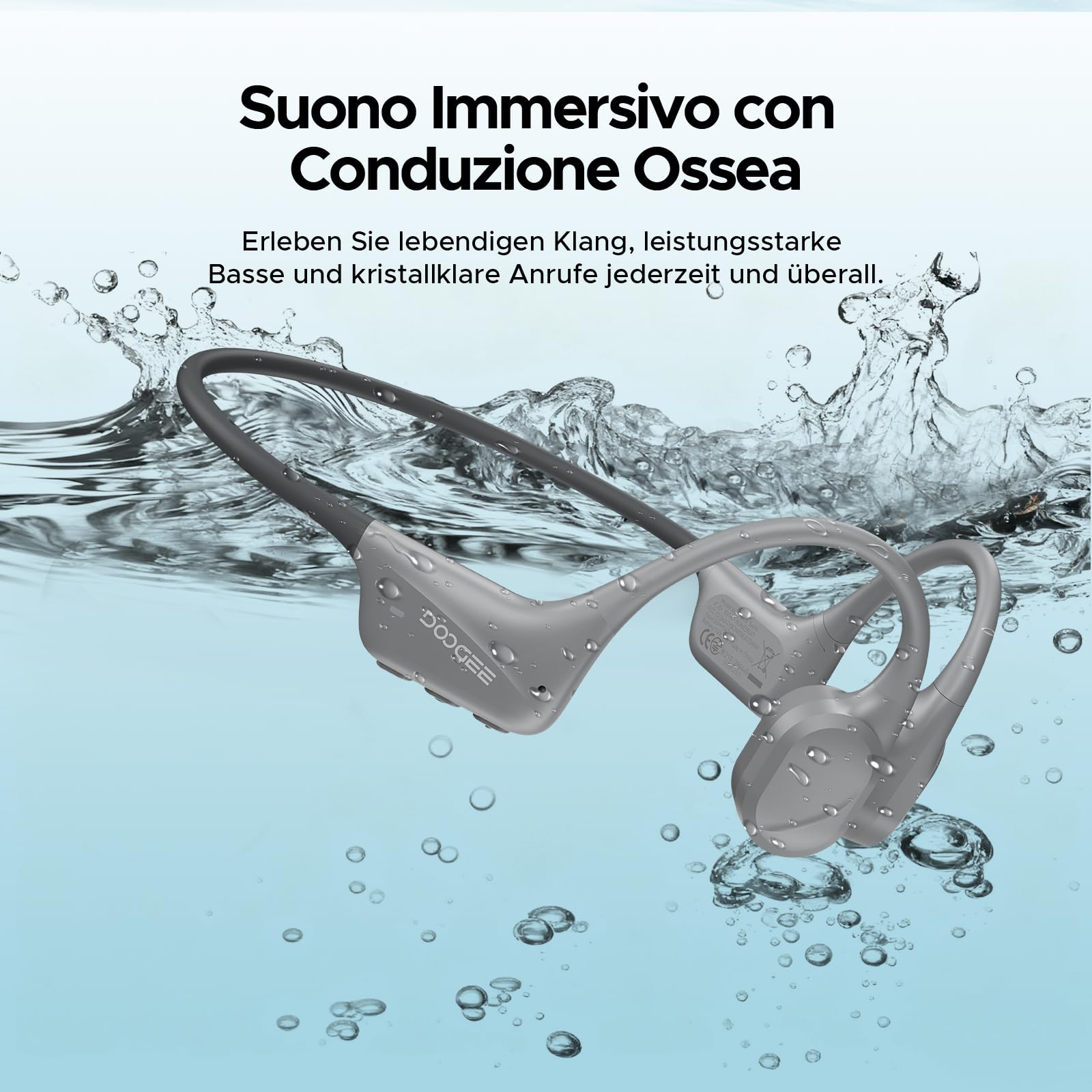 Cuffie Conduzione Ossea IP68 Impermeabili per Nuoto, Auricolari Sportive Bluetooth 5.4, MP3, 32GB, Comodo Silicone, Open-Ear per Corsa, Ciclismo, Palestra,Grigio