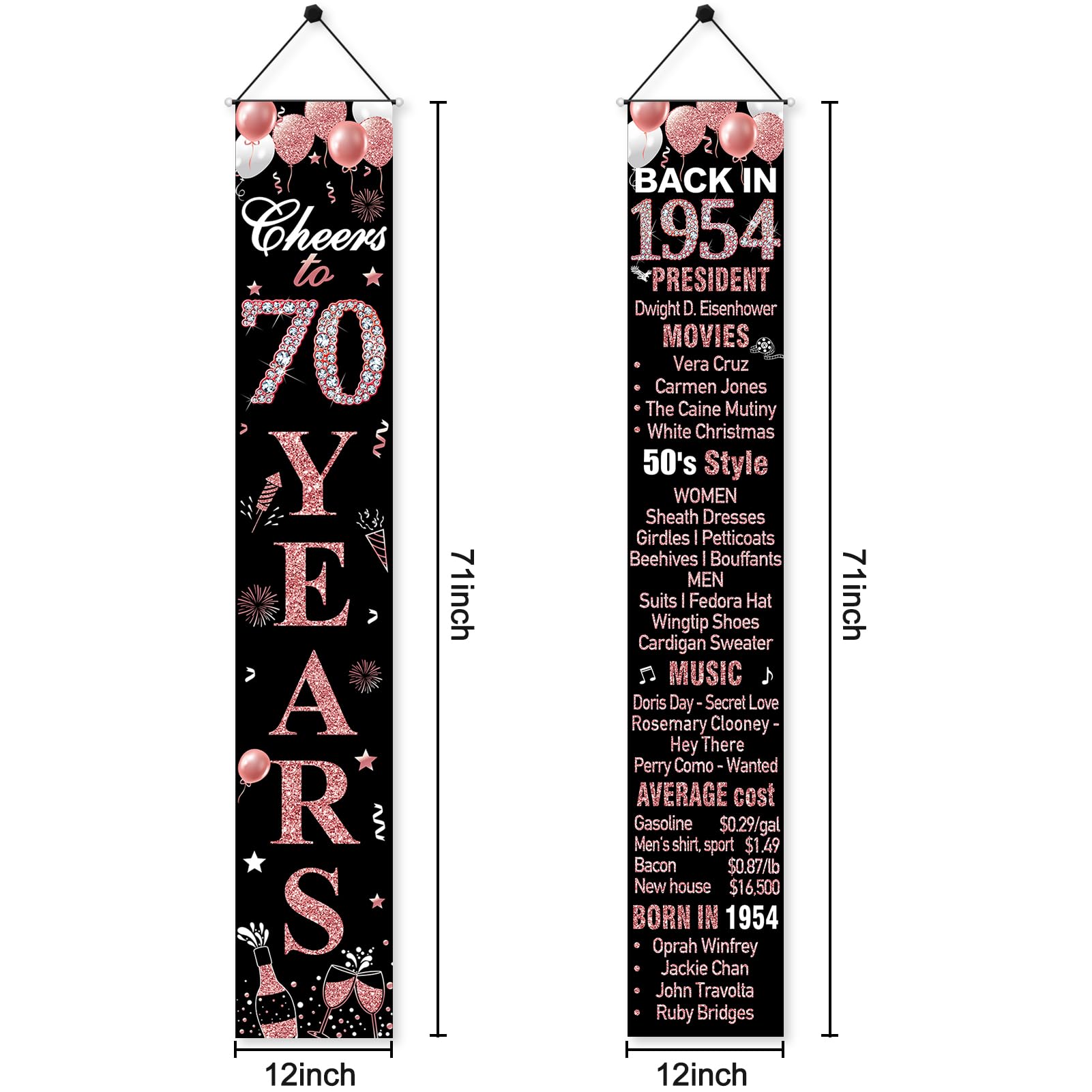 Happy 70th Birthday Door Banner - 'Back In 1954' Black & Gold Decor, 72x35 Inches, Polyester