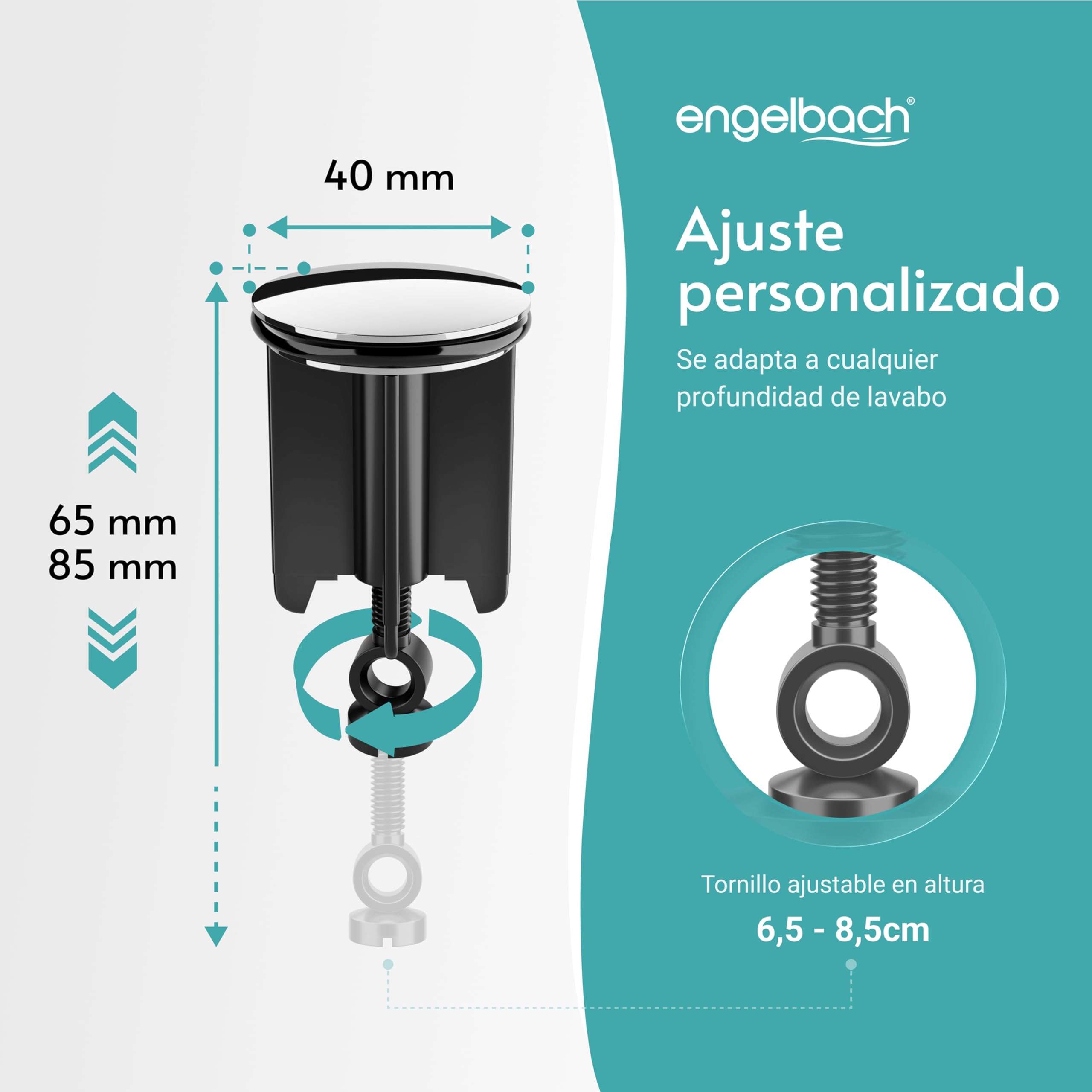 Engelbach® Tapón Lavabo Universal 40mm – Estable, antioxidante y Duradero – tapón desagüe para lavabos y bidés con Tornillo Ajustable en Altura