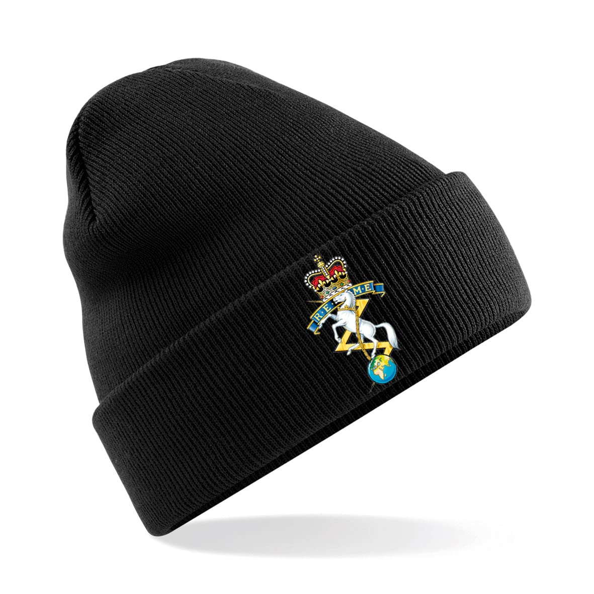 Psave Men's Nero Royal Electrical And Mechanical Engineers Reme Insignia Premium Embroidered Beanie Hat, Bob Hat British Army Military (Black)