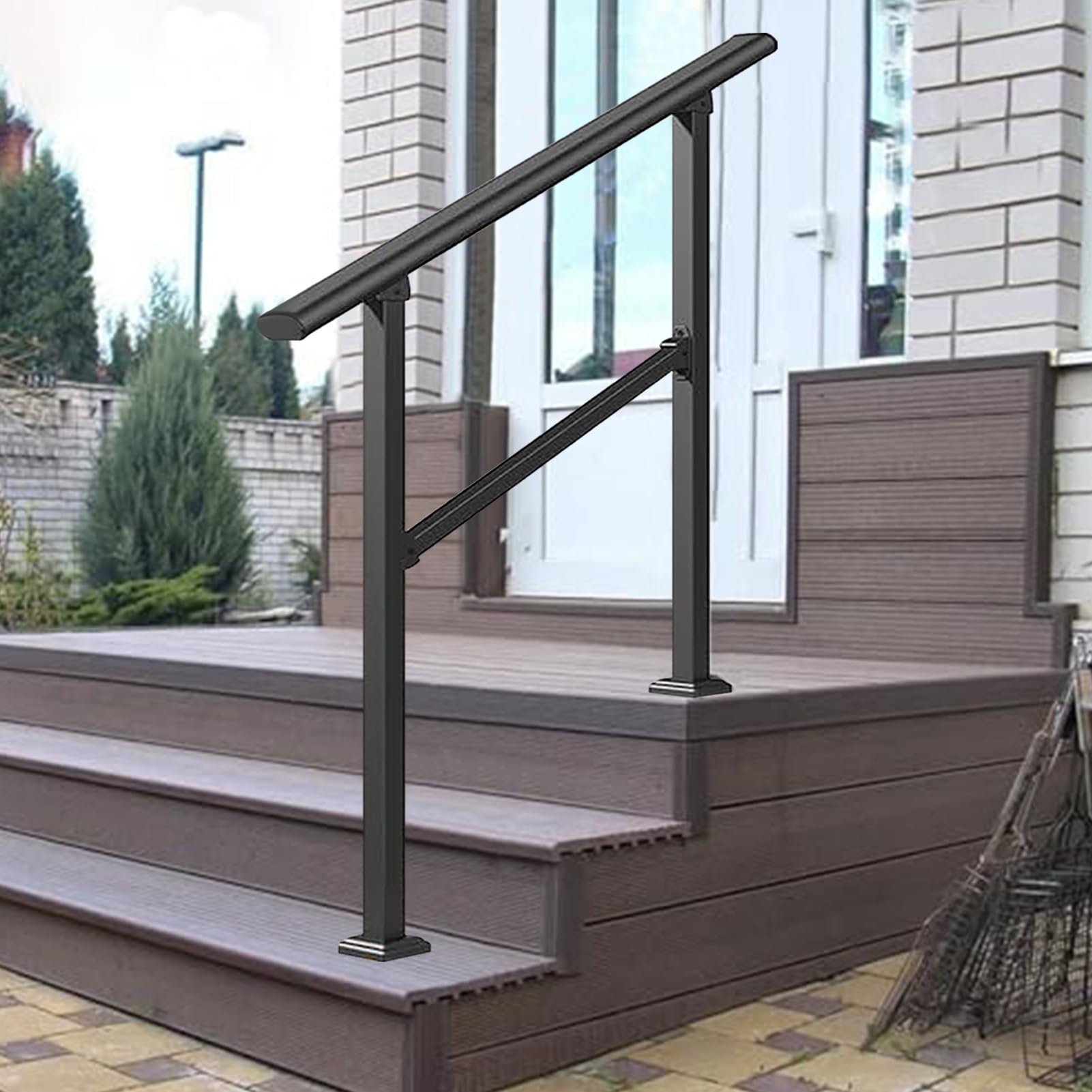 Jksyff A Outdoor Stair Railing, Floor Mounted Porch Transitional Handrail, Blcak Hand Support Railing For Elderly, Djustable Garden Guardrail With Installation Kit(,120Cm/47Inch)